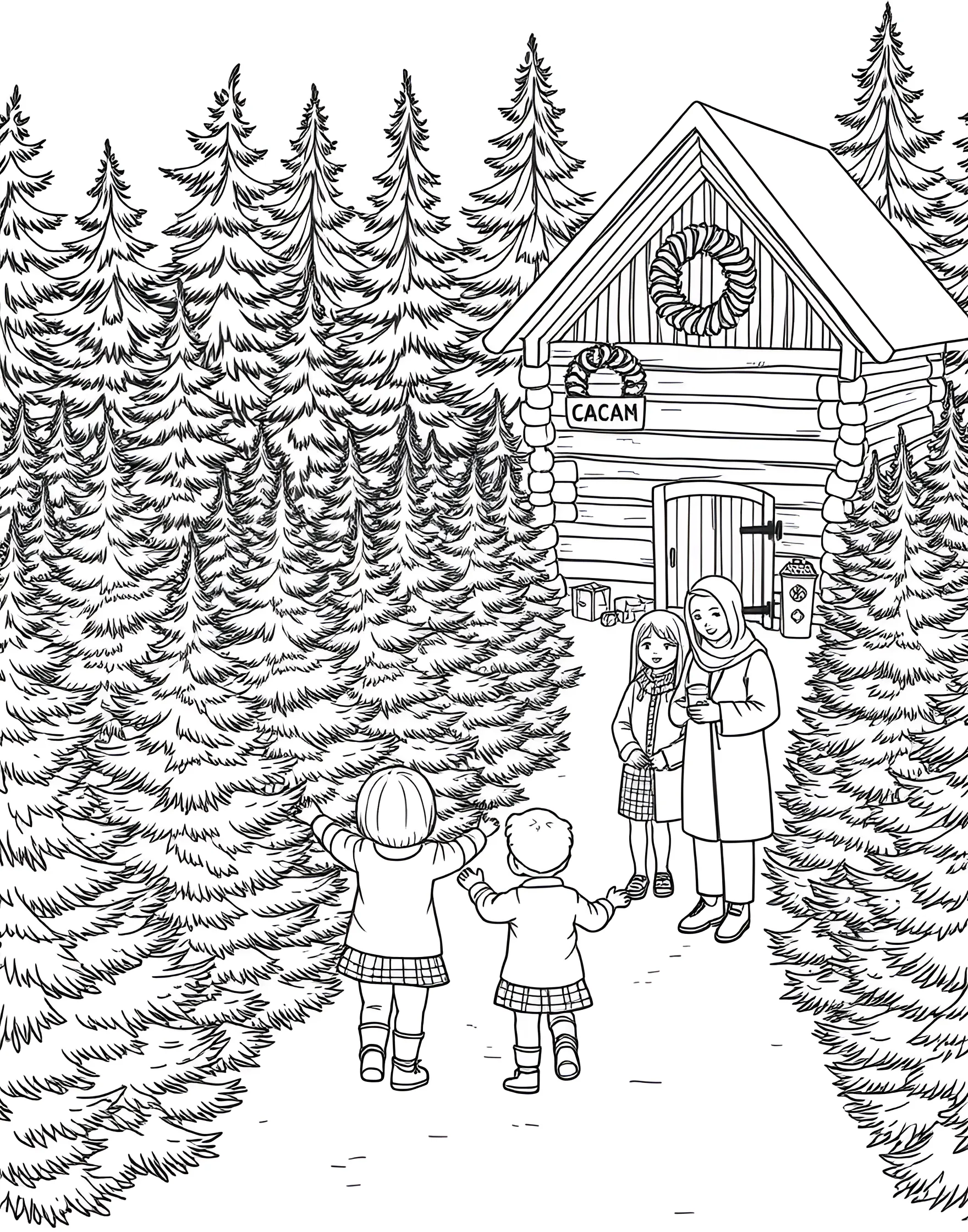 Christmas Tree Farm Adventure Coloring Page -- prompt: "Families choosing Christmas trees at a tree farm with a cozy cabin selling hot cocoa and wreaths." -- Experience the joy of picking the perfect Christmas tree in this charming coloring page. Families wander through rows of pine trees, some wielding saws while others pull sleds. A cozy cabin offers hot cocoa and wreaths for sale.