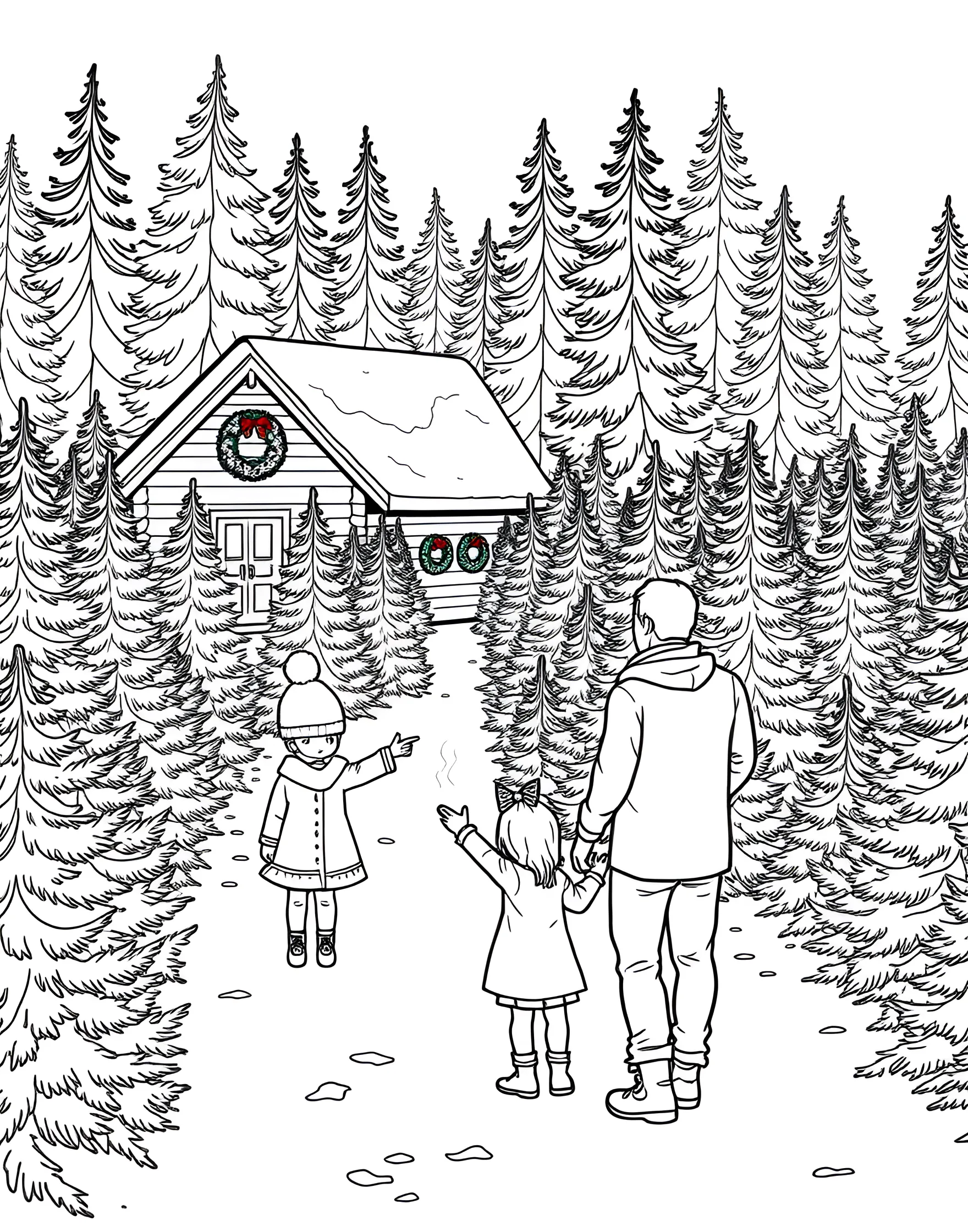 Christmas Tree Farm Adventure Coloring Page -- prompt: "Families choosing Christmas trees at a tree farm with a cozy cabin selling hot cocoa and wreaths." -- Experience the joy of picking the perfect Christmas tree in this charming coloring page. Families wander through rows of pine trees, some wielding saws while others pull sleds. A cozy cabin offers hot cocoa and wreaths for sale.