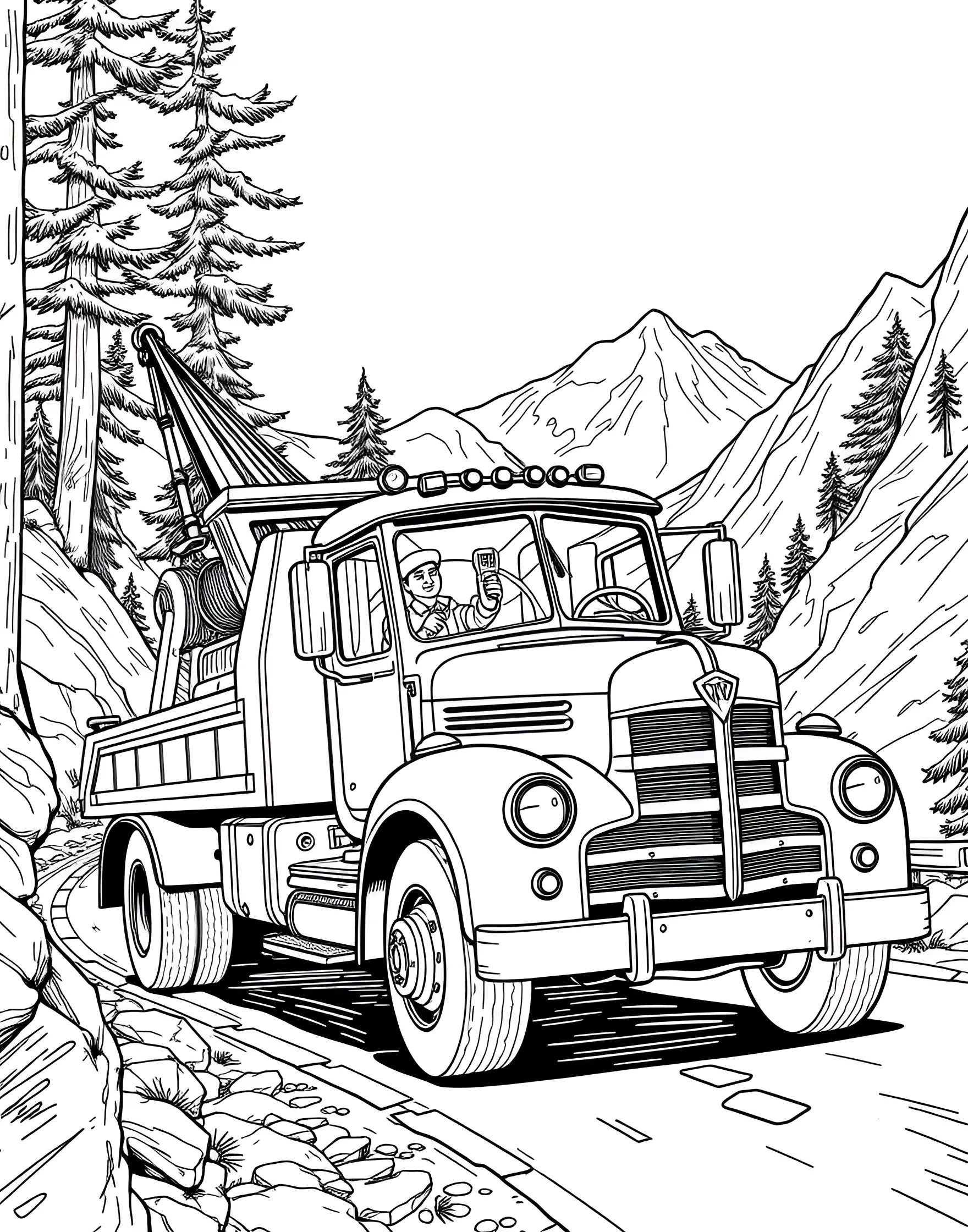 Car Being Towed by a Tow Truck Coloring Page -- prompt: "A tow truck lifting a car onto its flatbed on the side of a road." -- Explore the world of automotive assistance with this practical coloring page featuring a car being towed. The scene shows a tow truck lifting a car, perhaps with a concerned driver nearby. It's a great way to introduce kids to the concept of roadside assistance and vehicle maintenance.