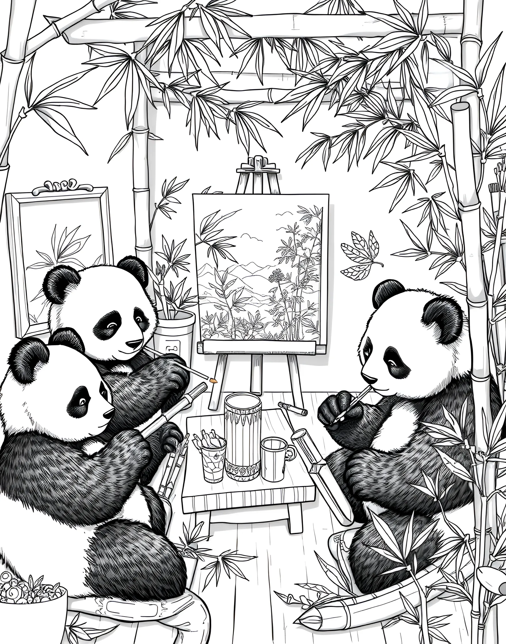 Panda's Bamboo Art Studio Coloring Page -- prompt: "Pandas creating art in a bamboo studio with leaf canvases, bamboo sculptures, and twig pencils." -- Unleash your creativity alongside artistic pandas in this coloring page. Various pandas are shown painting on bamboo leaf canvases, sculpting with bamboo stalks, and sketching with sharpened bamboo twigs. An easel made of bamboo poles holds a masterpiece in progress.