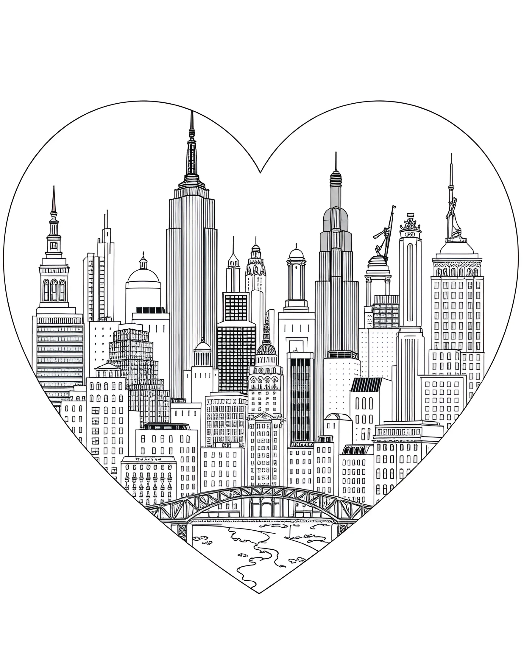 Romantic Cityscape Heart Coloring Page -- prompt: "A heart containing a cityscape with iconic landmarks and buildings forming a romantic skyline." -- This charming coloring page depicts a heart filled with a romantic cityscape. Iconic elements like the Eiffel Tower, Big Ben, and skyscrapers create a skyline within the heart shape. This page is perfect for travel enthusiasts and those who associate love with the excitement of city life.