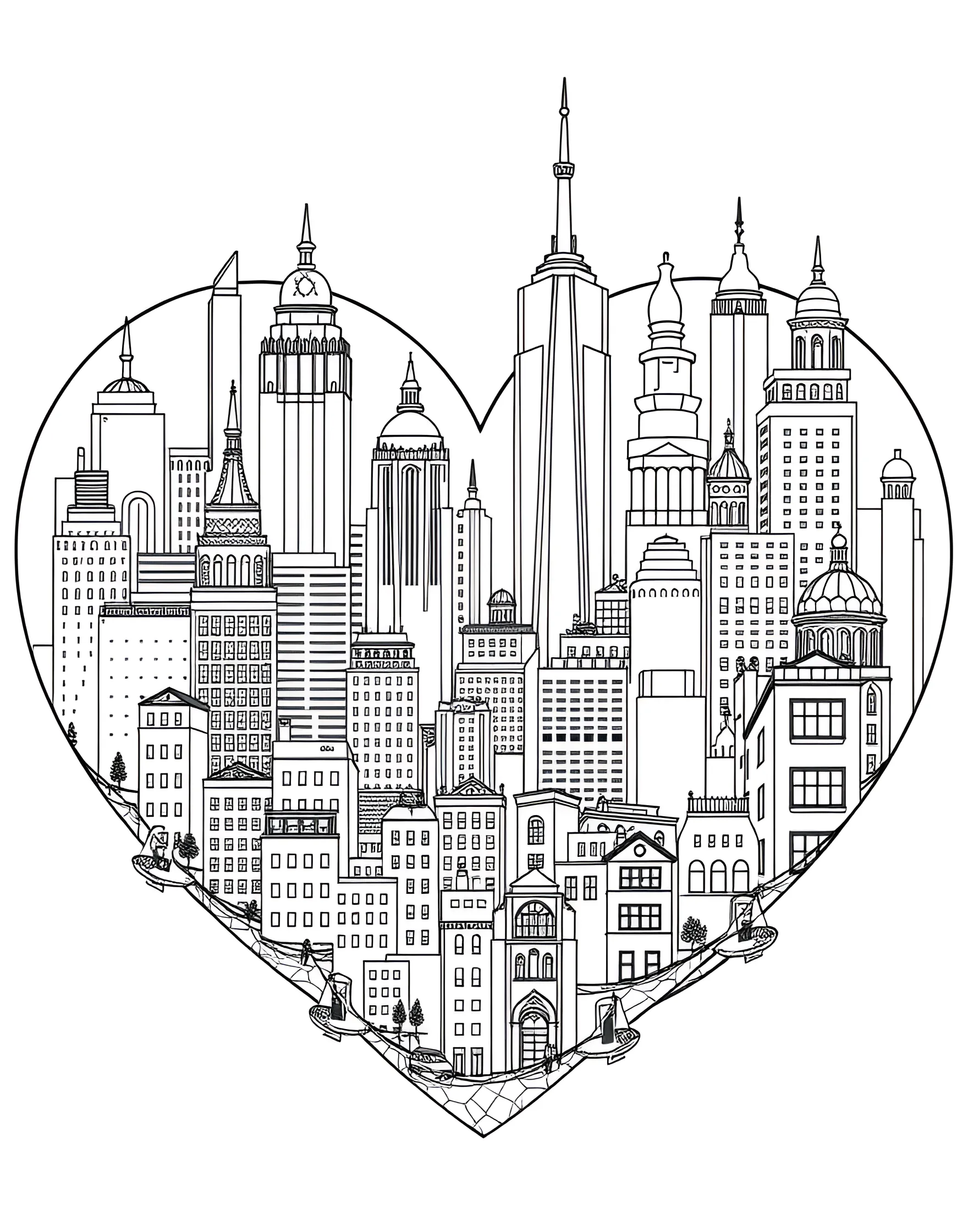 Romantic Cityscape Heart Coloring Page -- prompt: "A heart containing a cityscape with iconic landmarks and buildings forming a romantic skyline." -- This charming coloring page depicts a heart filled with a romantic cityscape. Iconic elements like the Eiffel Tower, Big Ben, and skyscrapers create a skyline within the heart shape. This page is perfect for travel enthusiasts and those who associate love with the excitement of city life.