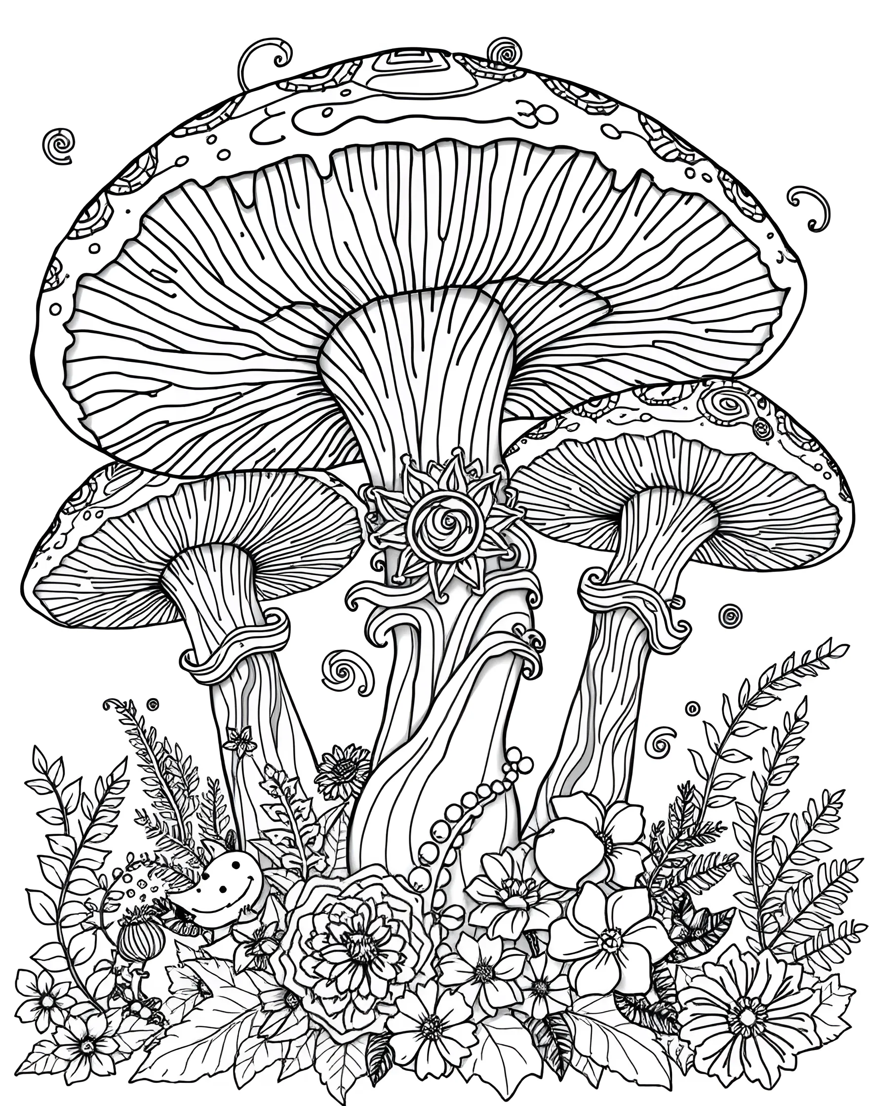 Psychedelic Mushroom Forest Coloring Page -- prompt: "A fantastical forest scene with various oversized mushrooms featuring intricate, psychedelic patterns." -- Take a trip to a fantastical realm with this psychedelic mushroom forest coloring page. The design showcases a variety of whimsical, oversized mushrooms with intricate patterns and swirling designs. As you color, let your imagination run wild and create a vibrant, otherworldly landscape.