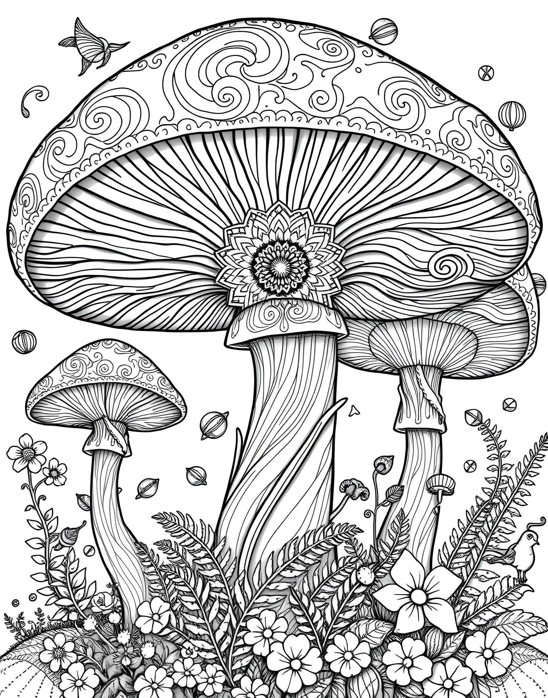 Psychedelic Mushroom Forest Coloring Page -- prompt: "A fantastical forest scene with various oversized mushrooms featuring intricate, psychedelic patterns." -- Take a trip to a fantastical realm with this psychedelic mushroom forest coloring page. The design showcases a variety of whimsical, oversized mushrooms with intricate patterns and swirling designs. As you color, let your imagination run wild and create a vibrant, otherworldly landscape.