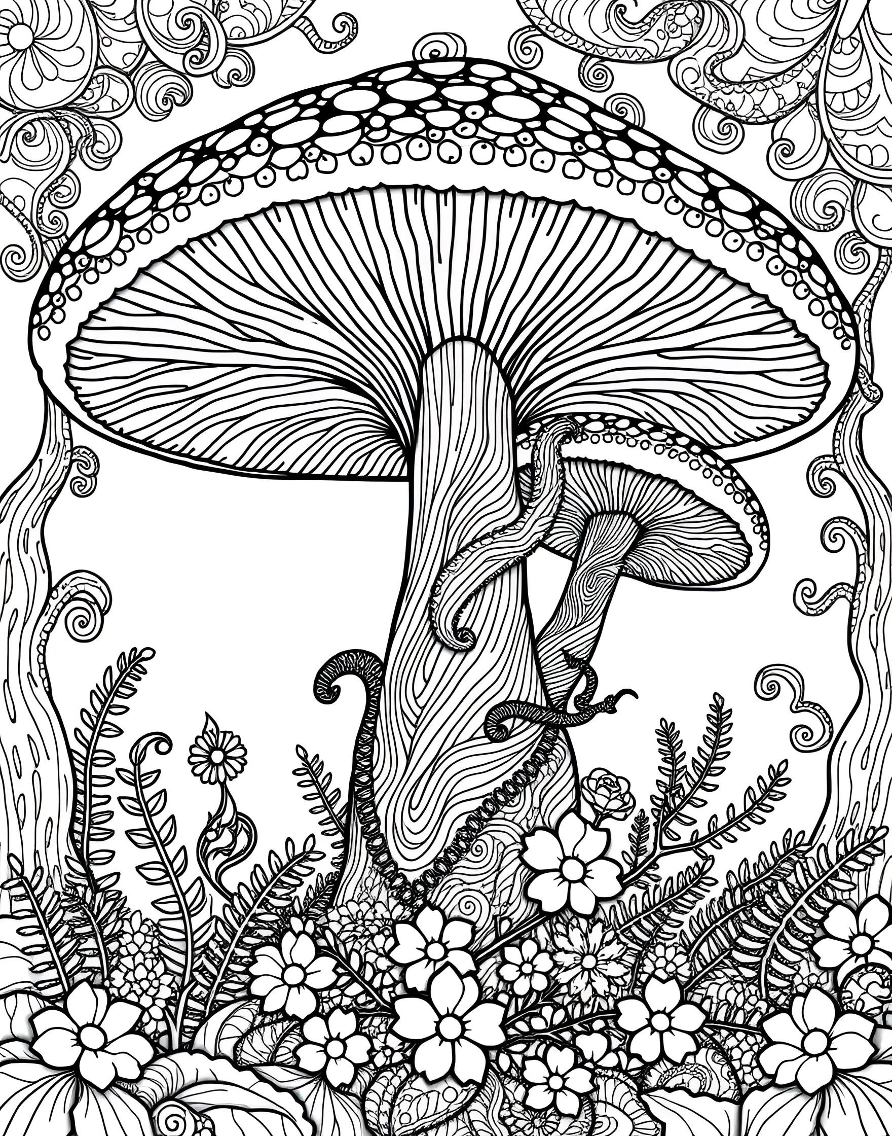 Psychedelic Mushroom Forest Coloring Page -- prompt: "A fantastical forest scene with various oversized mushrooms featuring intricate, psychedelic patterns." -- Take a trip to a fantastical realm with this psychedelic mushroom forest coloring page. The design showcases a variety of whimsical, oversized mushrooms with intricate patterns and swirling designs. As you color, let your imagination run wild and create a vibrant, otherworldly landscape.