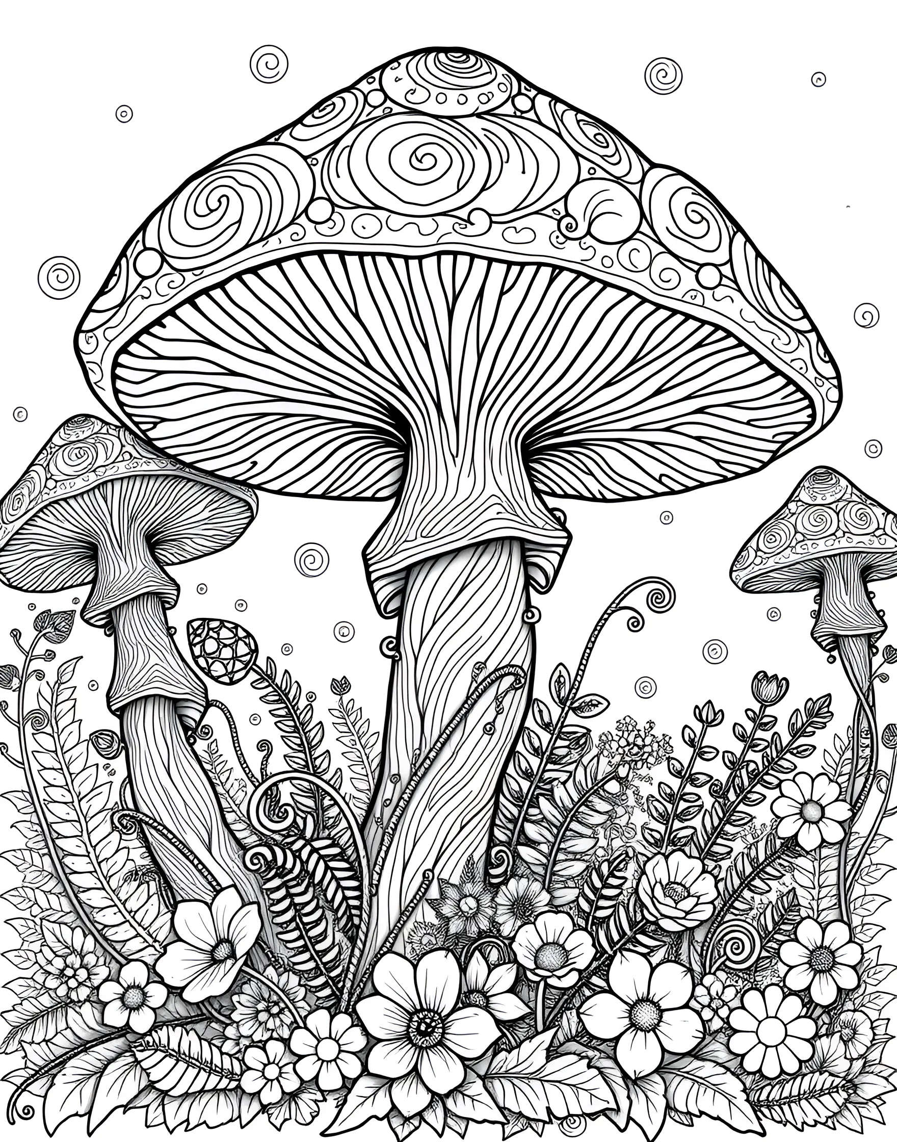 Psychedelic Mushroom Forest Coloring Page -- prompt: "A fantastical forest scene with various oversized mushrooms featuring intricate, psychedelic patterns." -- Take a trip to a fantastical realm with this psychedelic mushroom forest coloring page. The design showcases a variety of whimsical, oversized mushrooms with intricate patterns and swirling designs. As you color, let your imagination run wild and create a vibrant, otherworldly landscape.