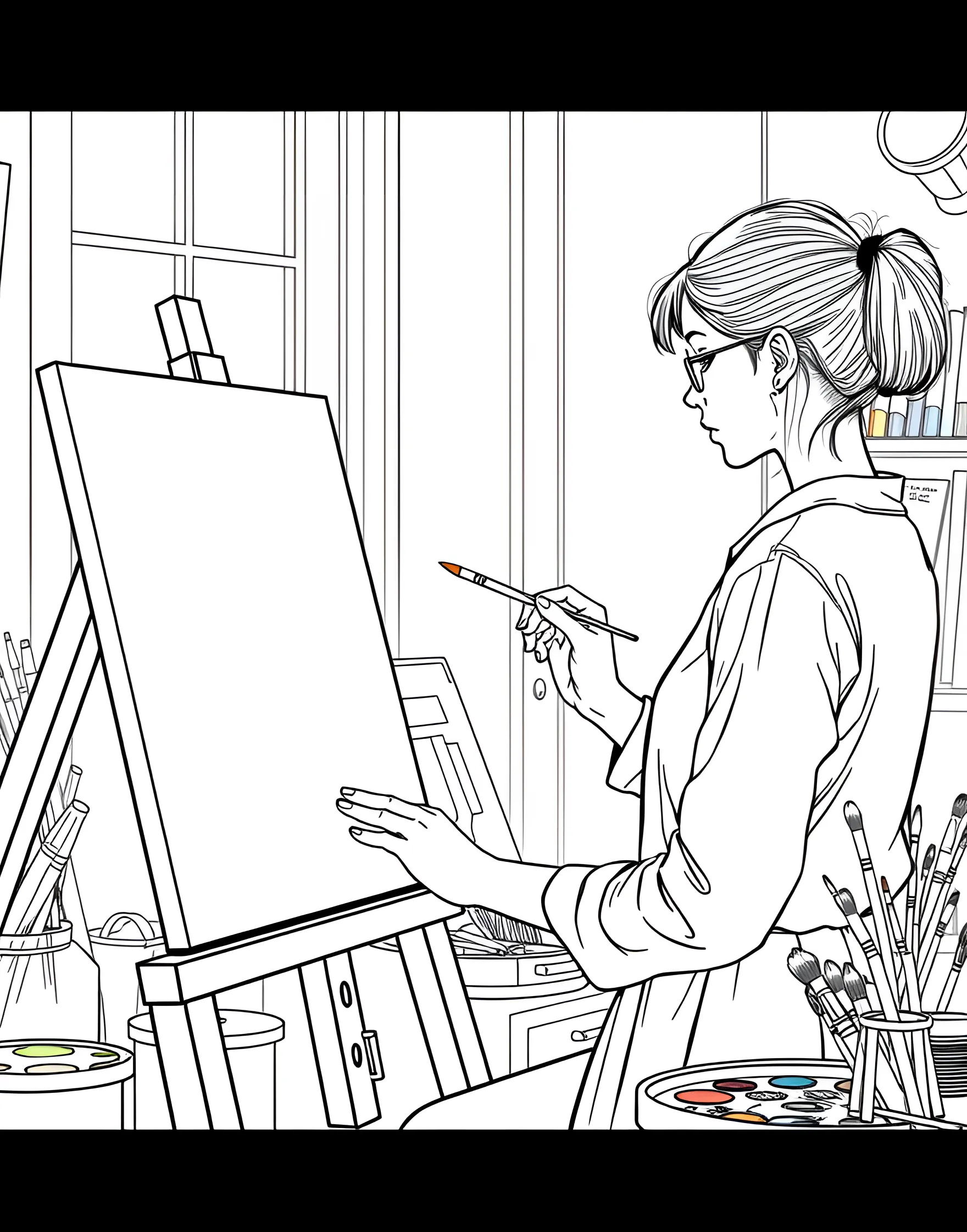 Girl Artist Painting a Masterpiece Coloring Page -- prompt: "A girl artist painting on a canvas at an easel in an art studio filled with supplies." -- Celebrate creativity with this inspiring artist coloring page. A young girl stands at an easel, paintbrush in hand, creating a colorful masterpiece. Her art studio is filled with art supplies, providing numerous details to color. The half-finished painting on the easel invites young artists to complete the artwork with their own designs.