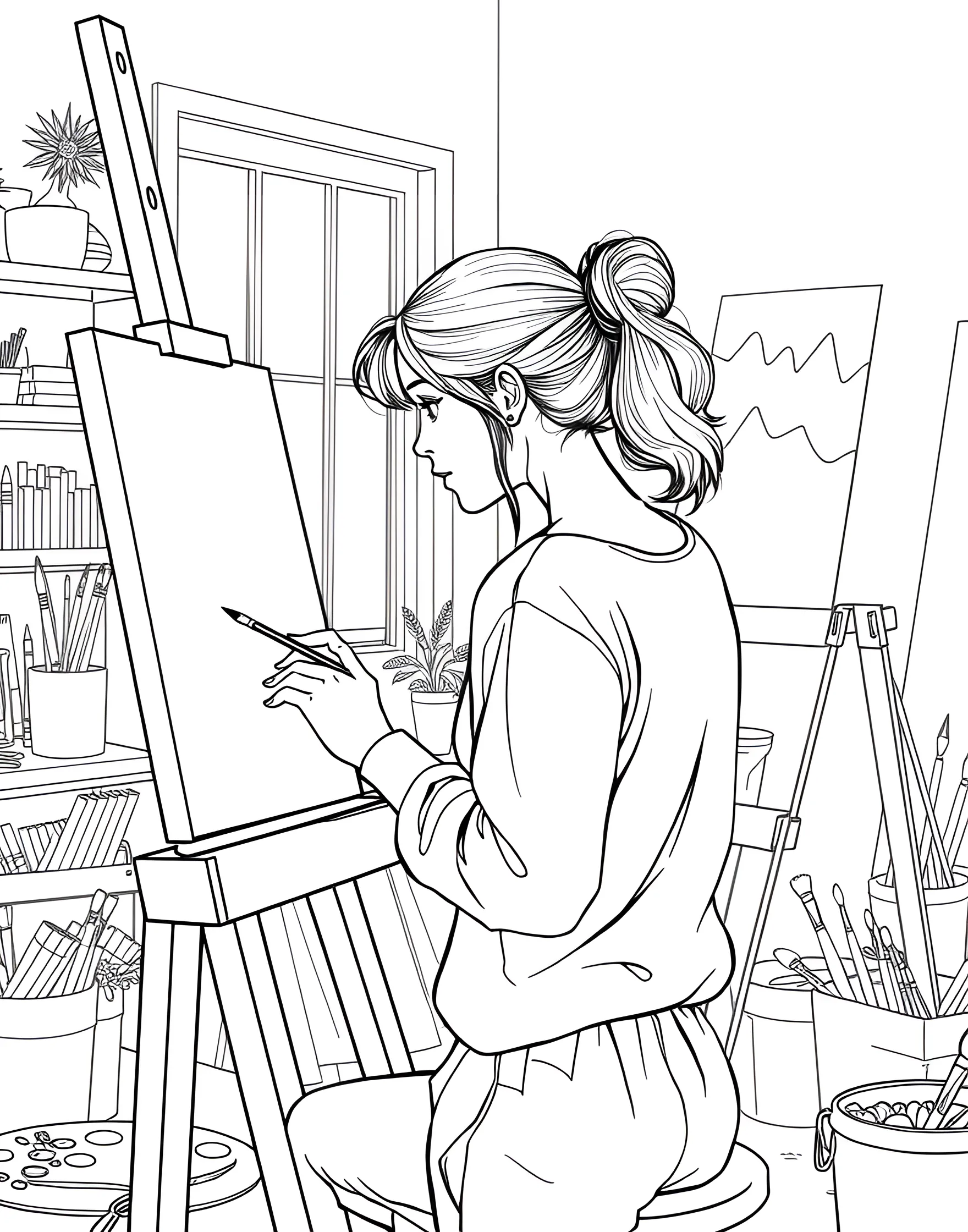 Girl Artist Painting a Masterpiece Coloring Page -- prompt: "A girl artist painting on a canvas at an easel in an art studio filled with supplies." -- Celebrate creativity with this inspiring artist coloring page. A young girl stands at an easel, paintbrush in hand, creating a colorful masterpiece. Her art studio is filled with art supplies, providing numerous details to color. The half-finished painting on the easel invites young artists to complete the artwork with their own designs.