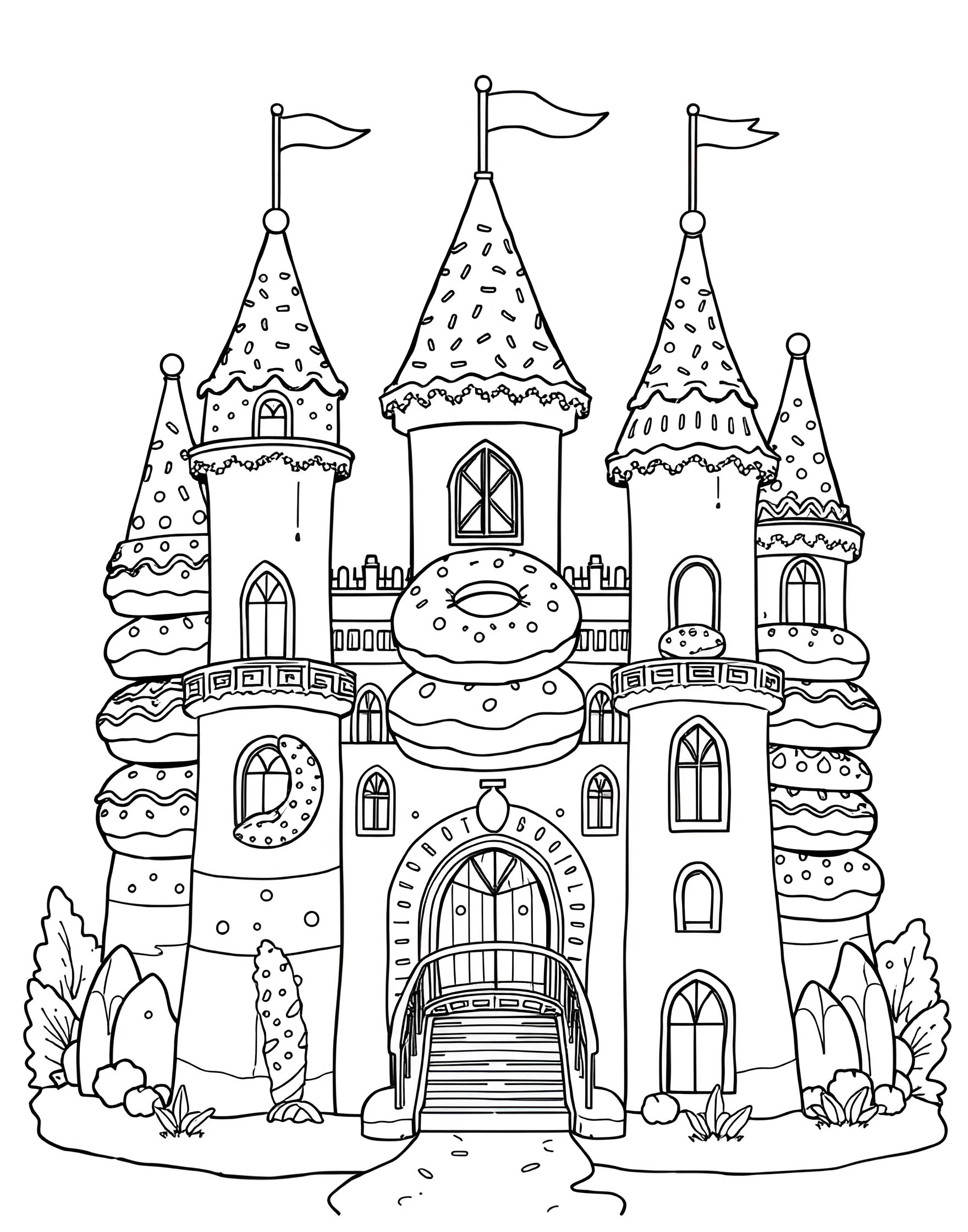 Donut Castle Fairy Tale Coloring Page -- prompt: "A fairy tale castle made entirely of stacked and decorated donuts." -- Step into a sugary fairy tale with this enchanting donut castle coloring page. The majestic structure is built entirely of donuts, complete with frosting turrets and sprinkle-covered walls. It's a magical page that will delight children and adults alike with its whimsical design.