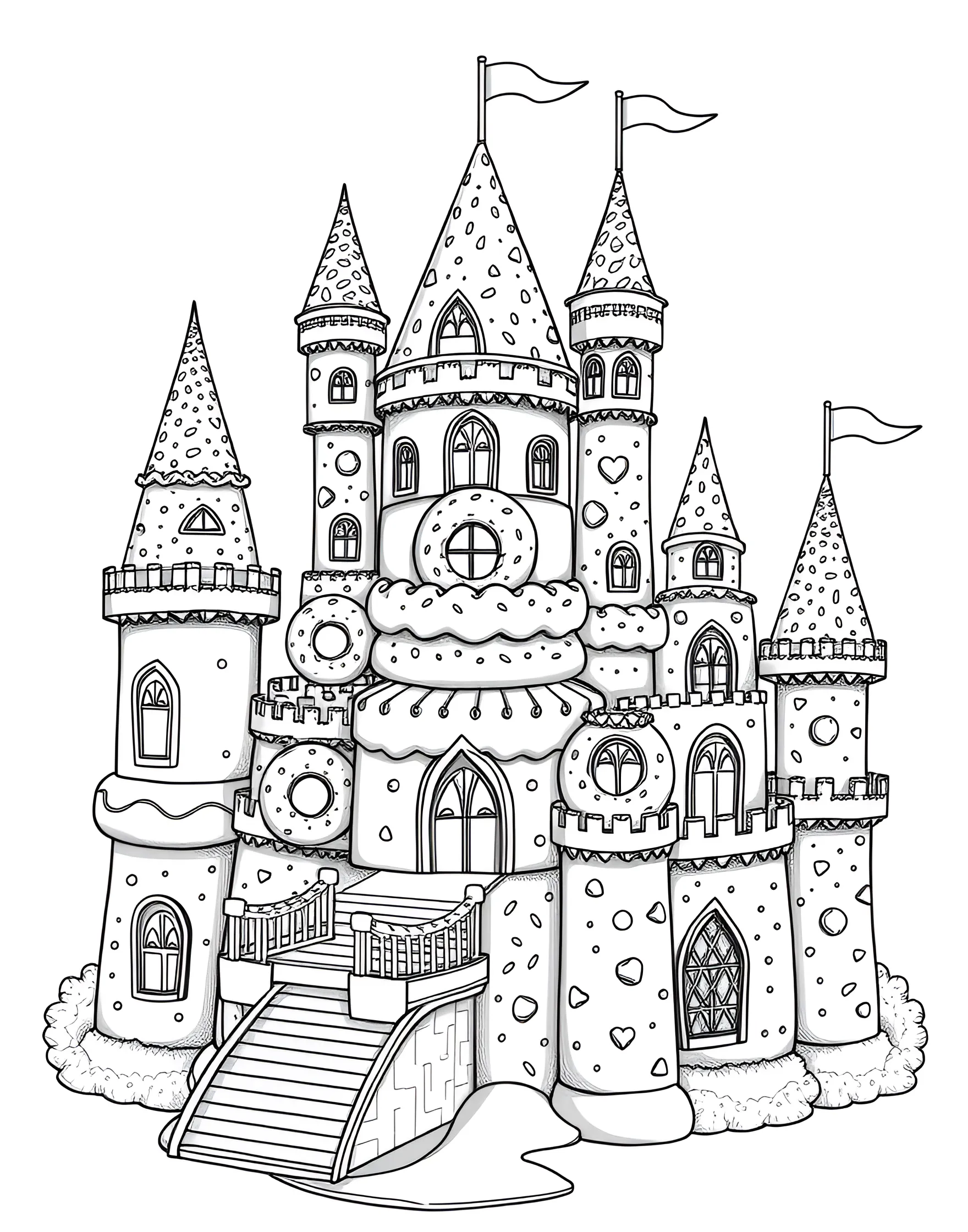 Donut Castle Fairy Tale Coloring Page -- prompt: "A fairy tale castle made entirely of stacked and decorated donuts." -- Step into a sugary fairy tale with this enchanting donut castle coloring page. The majestic structure is built entirely of donuts, complete with frosting turrets and sprinkle-covered walls. It's a magical page that will delight children and adults alike with its whimsical design.