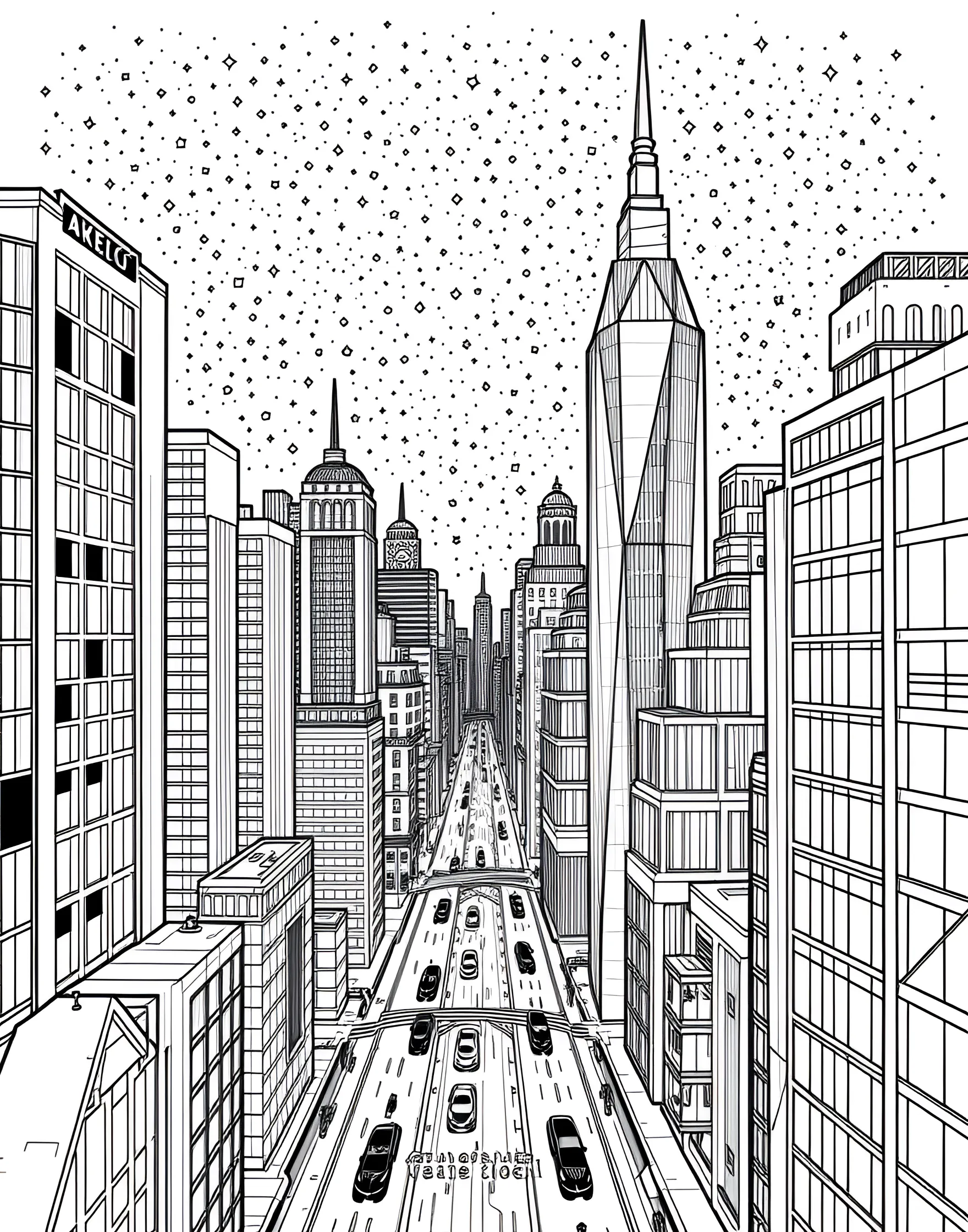 Geometric Cityscape at Night Coloring Page -- prompt: "A geometric representation of a nighttime cityscape with angular buildings, abstract patterns, and city lights, designed for adult coloring." -- Experience the vibrant energy of a city at night through this geometric interpretation. Angular buildings, twinkling lights, and abstract patterns create a dynamic urban landscape. This page offers a perfect canvas for experimenting with bold color choices and shading techniques.