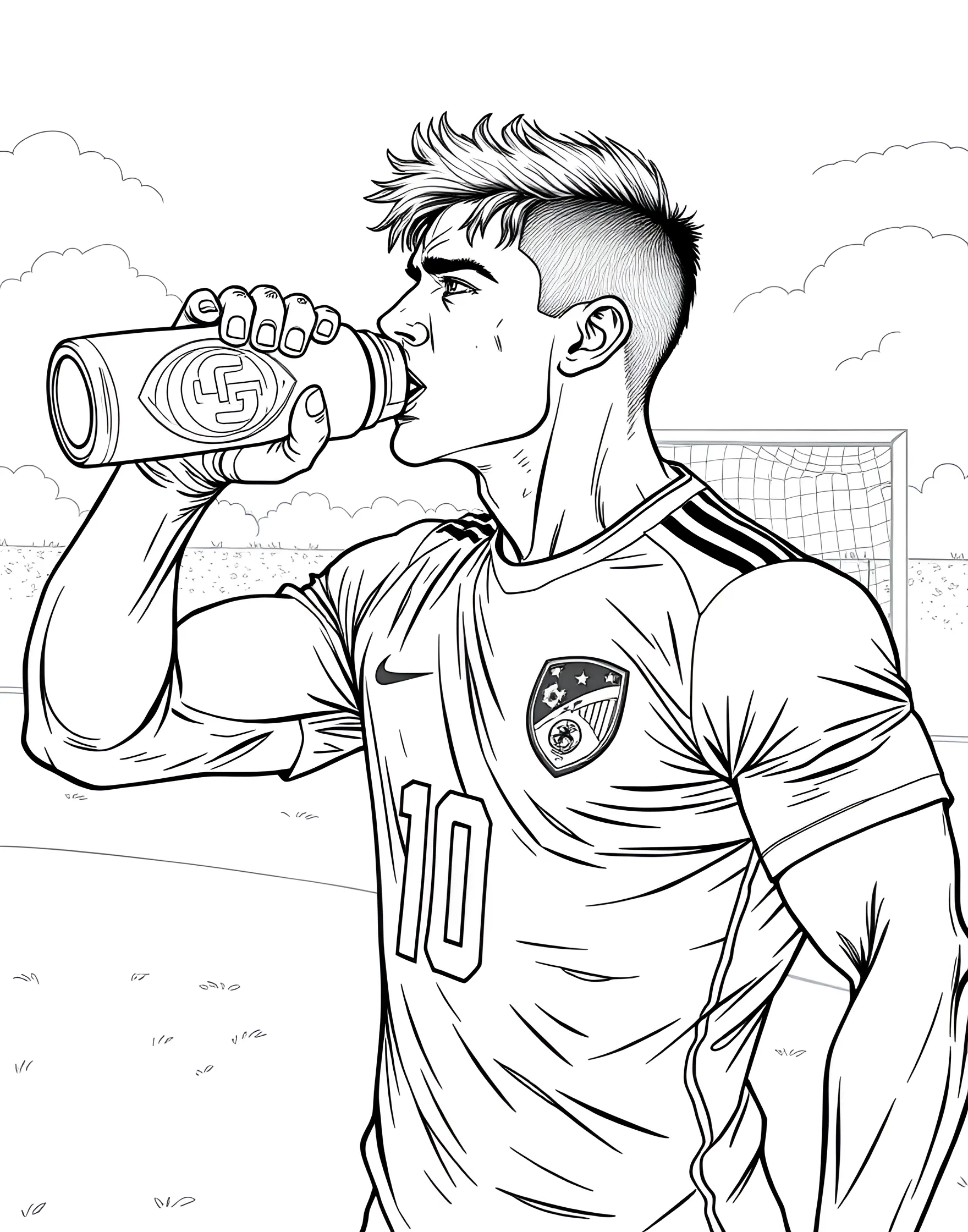 Soccer Player Drinking Water Coloring Page -- prompt: "A soccer player taking a water break, drinking from a sports bottle." -- This practical coloring page shows a soccer player drinking water during a break. The player is depicted tilting their head back, water bottle in hand. This page emphasizes the importance of hydration in sports.