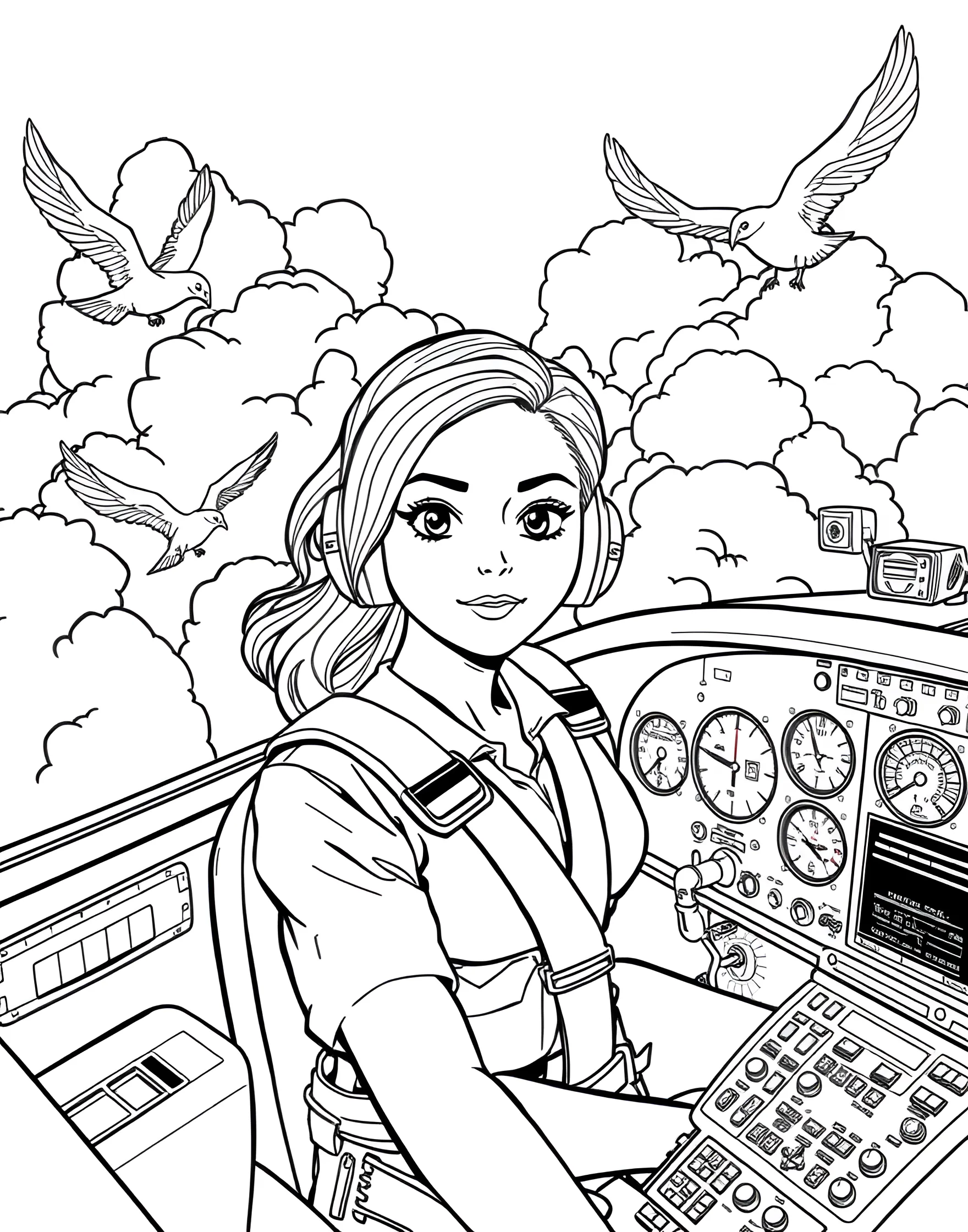 Girl Pilot Flying an Airplane Coloring Page -- prompt: "A girl pilot in the cockpit of an airplane, flying through a sky with clouds and birds." -- Take to the skies with this inspiring coloring page of a girl pilot. She's shown in the cockpit of an airplane, confidently navigating through the clouds. It's a great way to encourage interest in aviation and show that the sky's the limit.