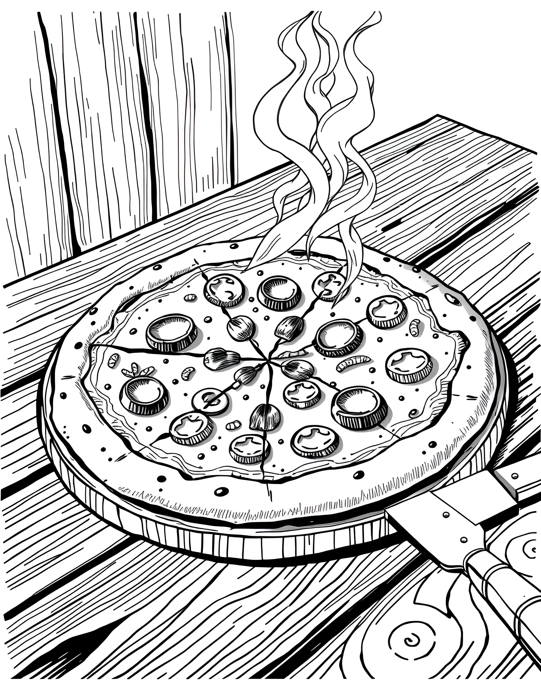 Pizza Party Perfection Coloring Page -- prompt: "A steaming hot pizza with various toppings on a wooden table." -- This coloring page showcases a mouthwatering pizza loaded with toppings. The steam rising from the freshly baked pie adds a sense of warmth and deliciousness. Kids and adults alike will enjoy adding vibrant colors to the various ingredients, from the gooey cheese to the crisp vegetables.