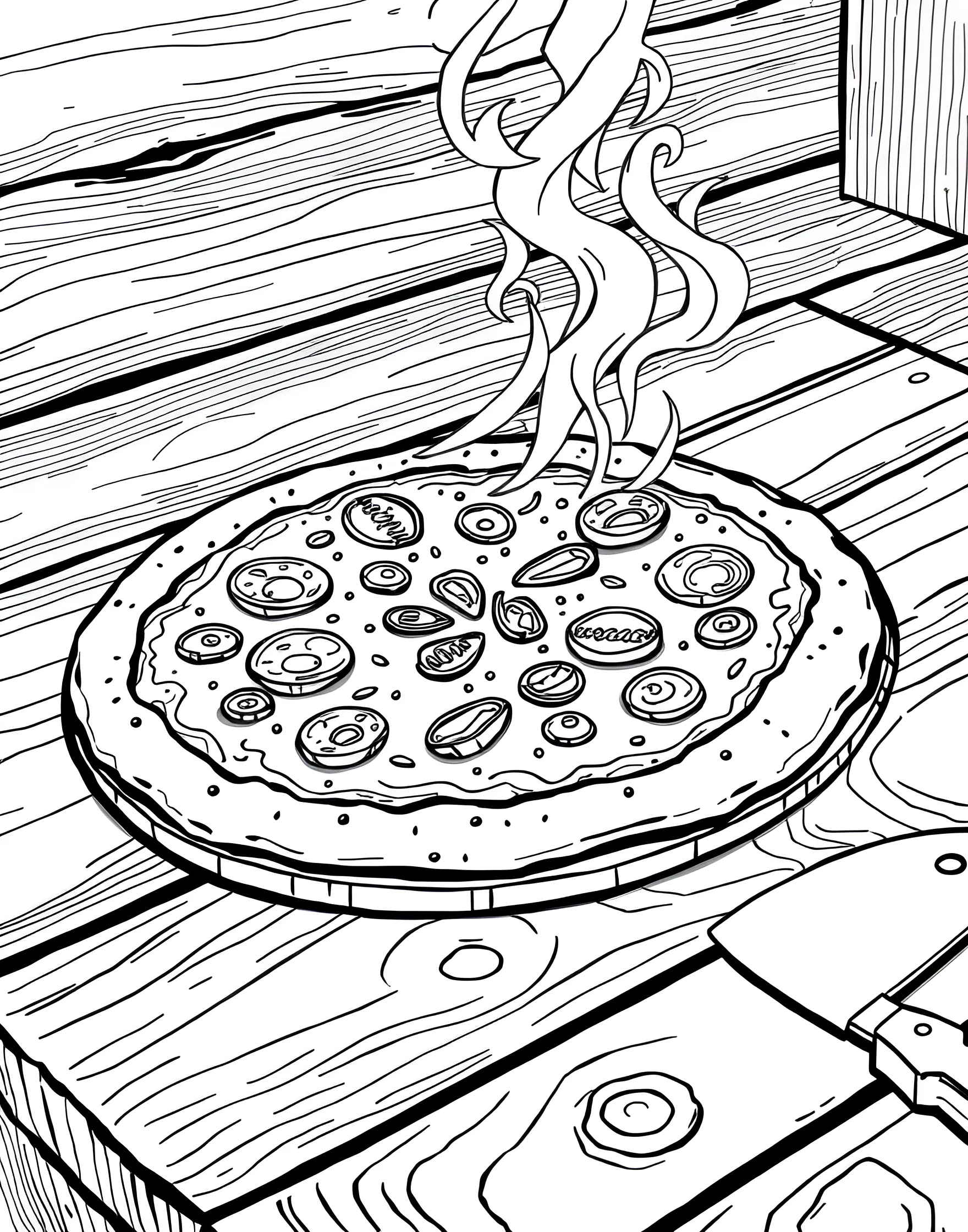 Pizza Party Perfection Coloring Page -- prompt: "A steaming hot pizza with various toppings on a wooden table." -- This coloring page showcases a mouthwatering pizza loaded with toppings. The steam rising from the freshly baked pie adds a sense of warmth and deliciousness. Kids and adults alike will enjoy adding vibrant colors to the various ingredients, from the gooey cheese to the crisp vegetables.