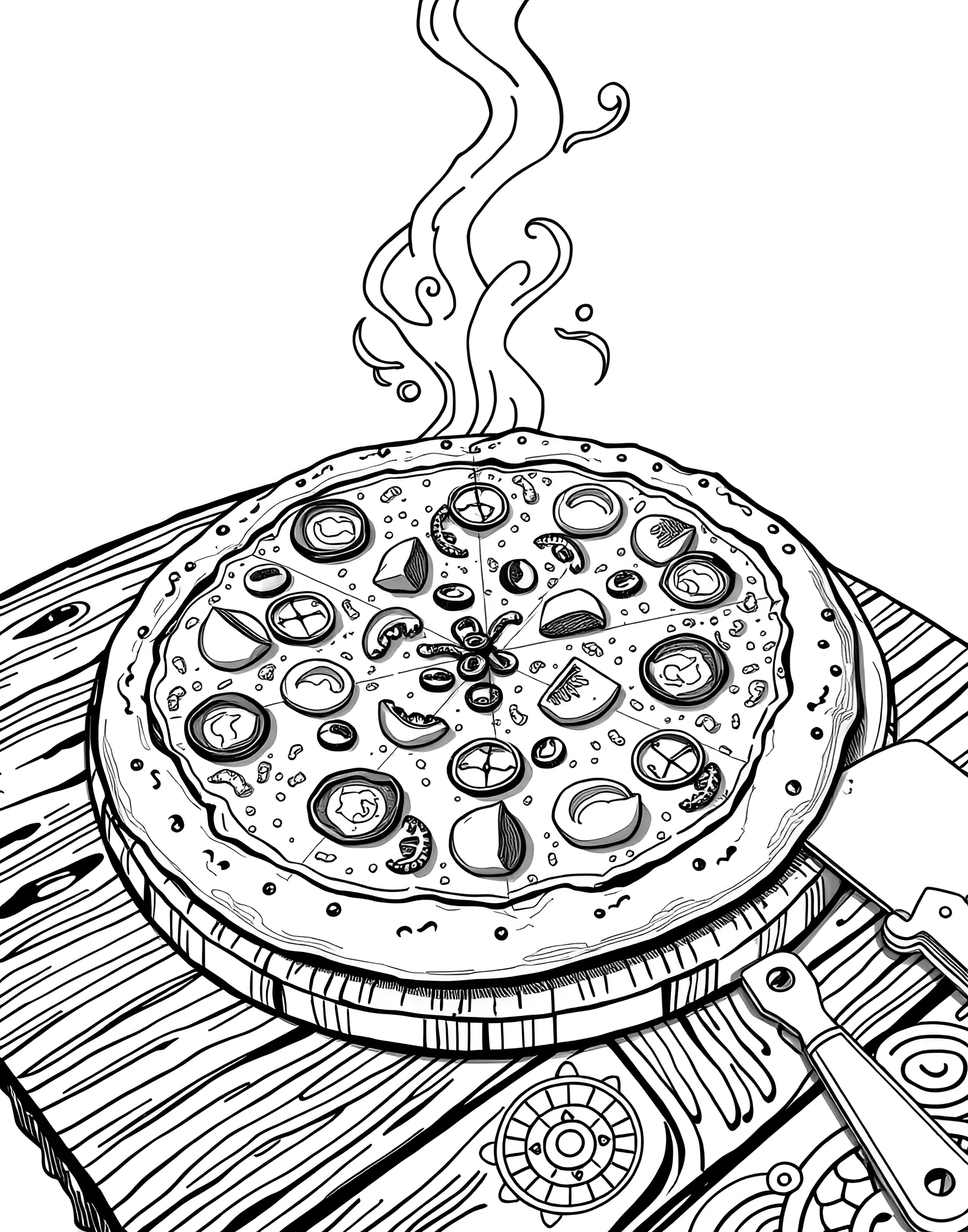 Pizza Party Perfection Coloring Page -- prompt: "A steaming hot pizza with various toppings on a wooden table." -- This coloring page showcases a mouthwatering pizza loaded with toppings. The steam rising from the freshly baked pie adds a sense of warmth and deliciousness. Kids and adults alike will enjoy adding vibrant colors to the various ingredients, from the gooey cheese to the crisp vegetables.