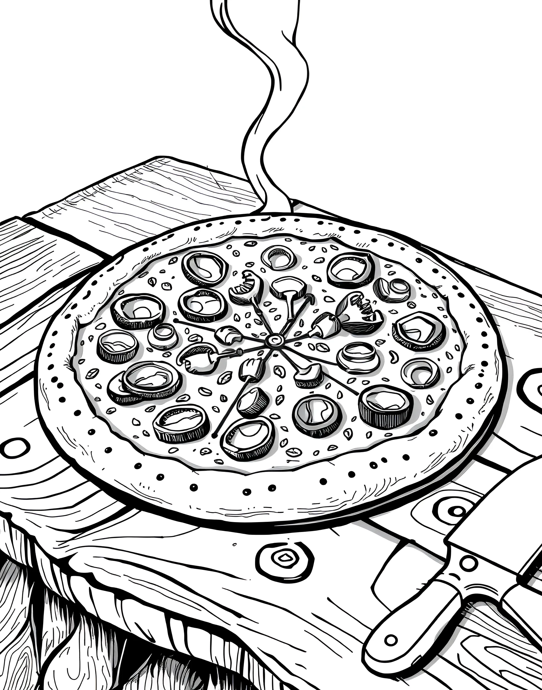 Pizza Party Perfection Coloring Page -- prompt: "A steaming hot pizza with various toppings on a wooden table." -- This coloring page showcases a mouthwatering pizza loaded with toppings. The steam rising from the freshly baked pie adds a sense of warmth and deliciousness. Kids and adults alike will enjoy adding vibrant colors to the various ingredients, from the gooey cheese to the crisp vegetables.