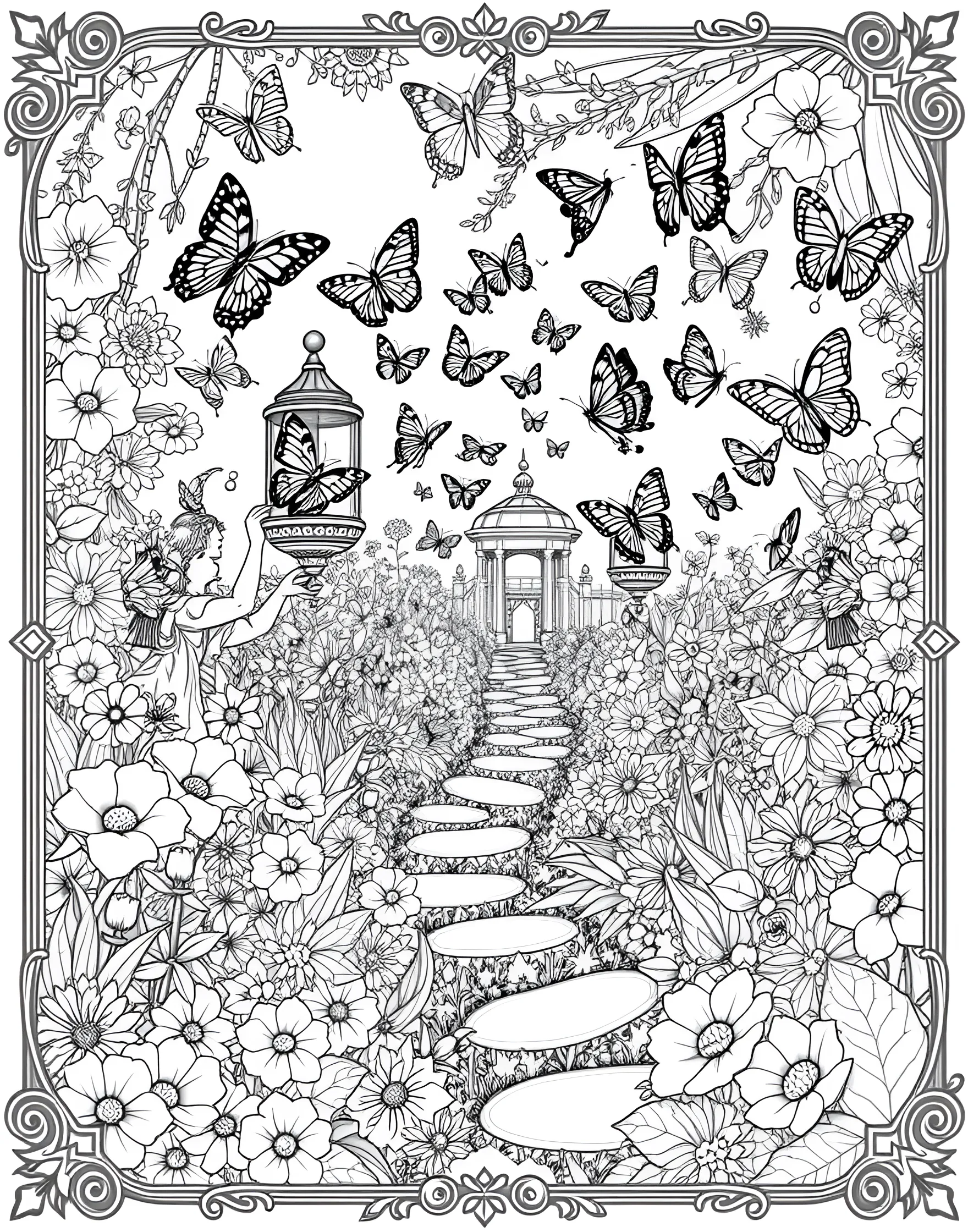 Summer Butterfly Release Coloring Page -- prompt: "People releasing butterflies from containers in a garden setting." -- Witness a magical moment with this butterfly release scene. Children and adults watch in wonder as colorful butterflies take flight from open containers. This page captures the beauty and wonder of nature in summertime.