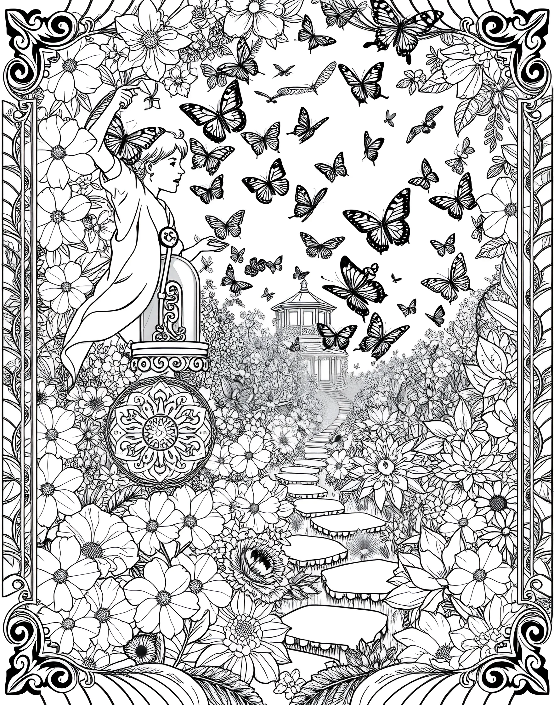 Summer Butterfly Release Coloring Page -- prompt: "People releasing butterflies from containers in a garden setting." -- Witness a magical moment with this butterfly release scene. Children and adults watch in wonder as colorful butterflies take flight from open containers. This page captures the beauty and wonder of nature in summertime.