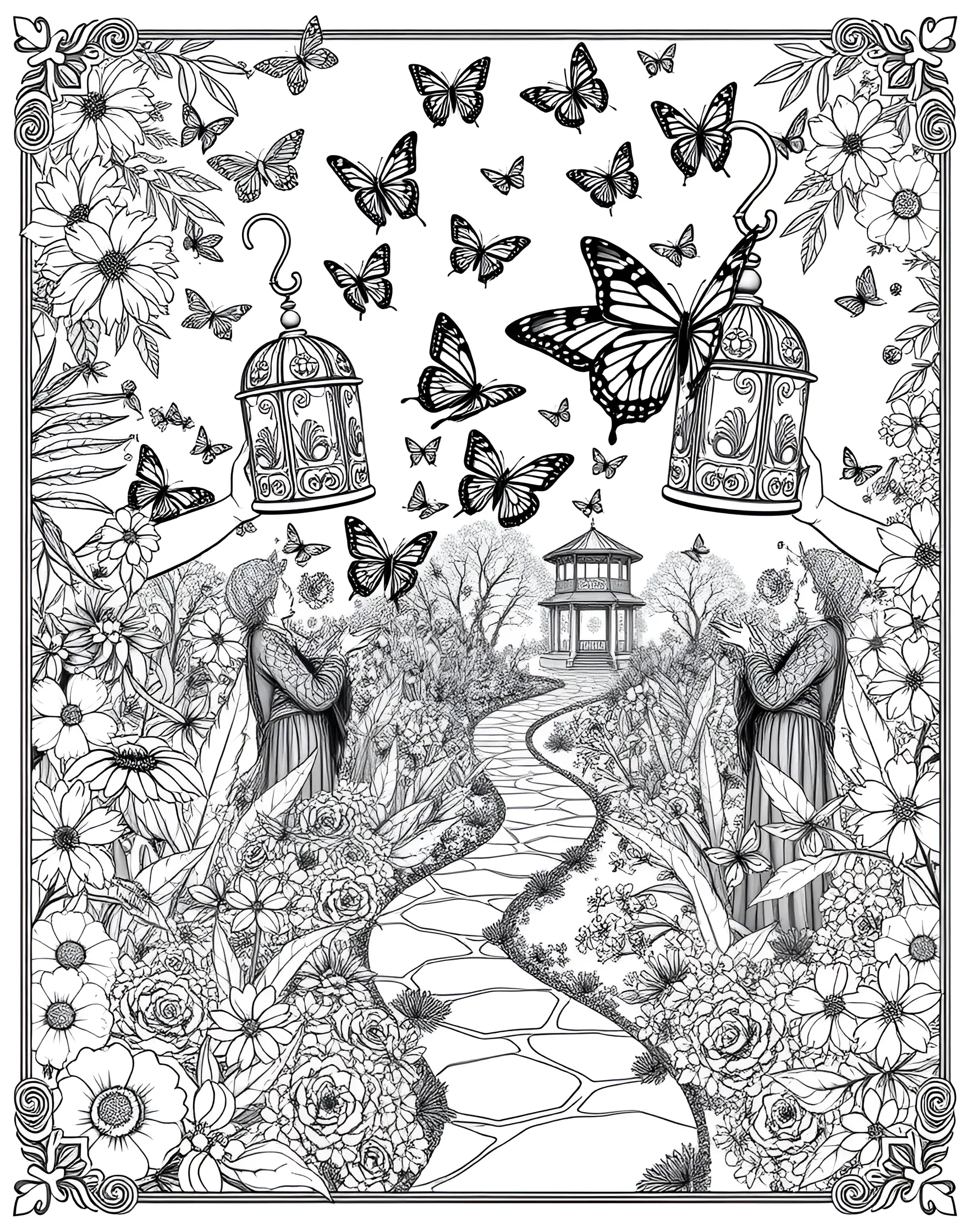 Summer Butterfly Release Coloring Page -- prompt: "People releasing butterflies from containers in a garden setting." -- Witness a magical moment with this butterfly release scene. Children and adults watch in wonder as colorful butterflies take flight from open containers. This page captures the beauty and wonder of nature in summertime.