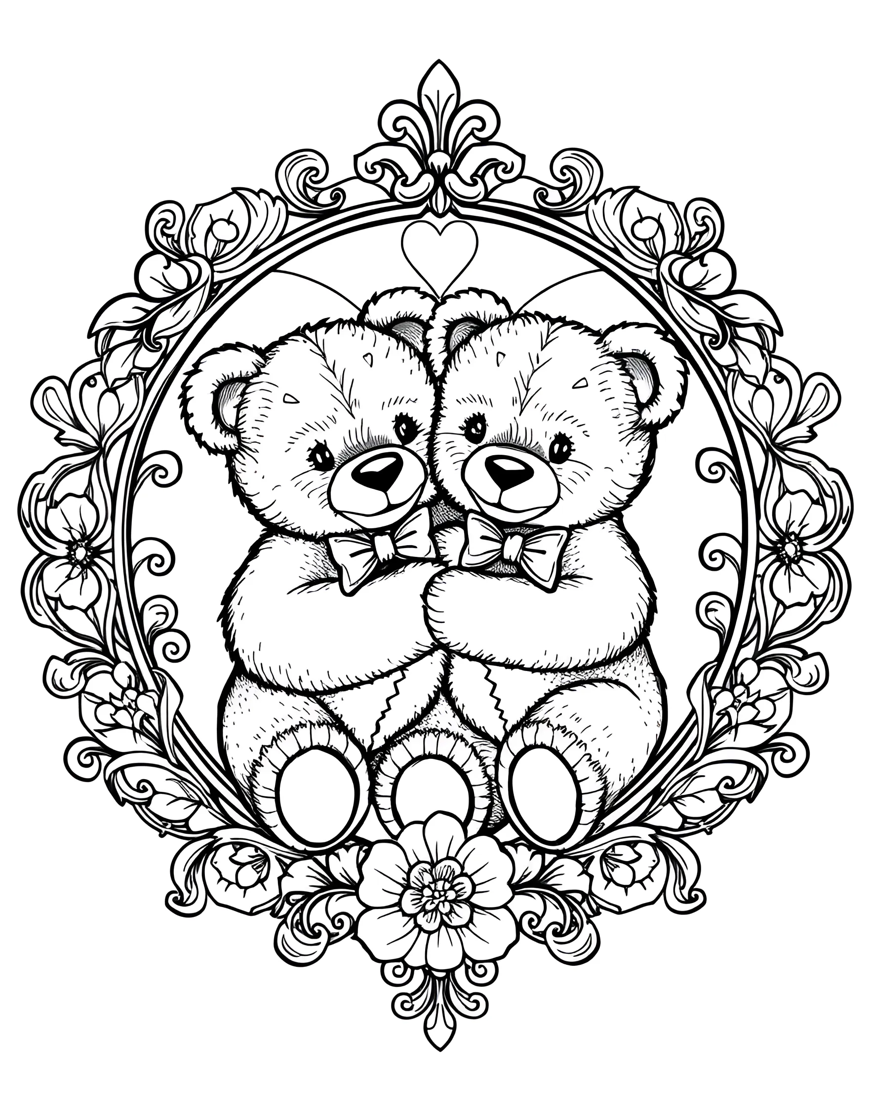 Hugging Bears Heart Coloring Page -- prompt: "Two teddy bears hugging inside a heart shape, surrounded by decorative elements." -- This adorable coloring page features two cuddly teddy bears embracing within a heart shape. The bears' fuzzy texture and sweet expressions convey a sense of warmth and affection. Surrounding the central image are decorative elements like flowers and swirls, adding to the overall feeling of love and comfort.