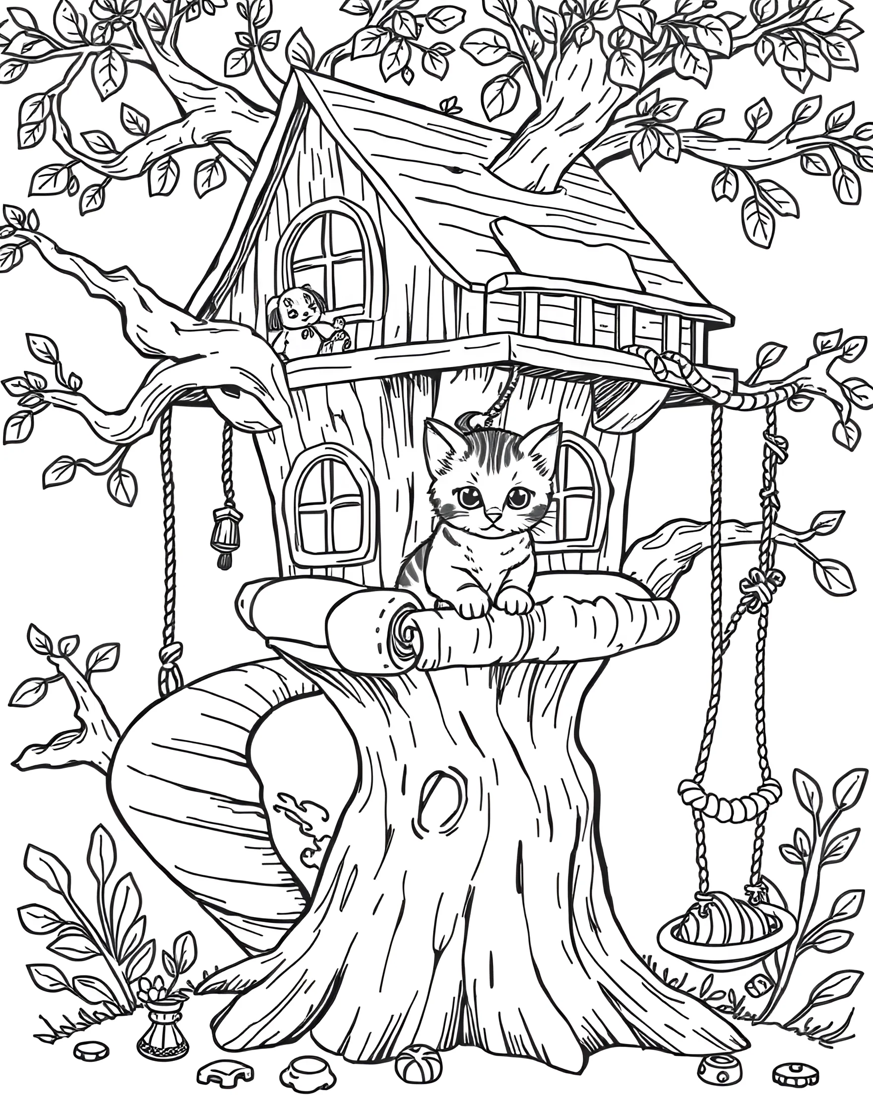 Kitten's Treehouse Adventure Coloring Page -- prompt: "A kitten in a treehouse with a slide and swing attached." -- Climb to new heights with this exciting kitten treehouse coloring page. An adventurous kitten is perched in a elaborate treehouse, complete with a slide and swing. This page encourages imagination and the spirit of outdoor play.