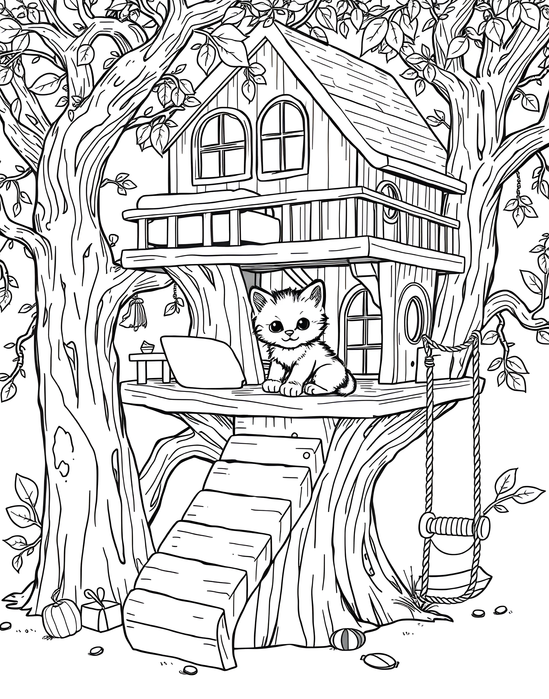 Kitten's Treehouse Adventure Coloring Page -- prompt: "A kitten in a treehouse with a slide and swing attached." -- Climb to new heights with this exciting kitten treehouse coloring page. An adventurous kitten is perched in a elaborate treehouse, complete with a slide and swing. This page encourages imagination and the spirit of outdoor play.