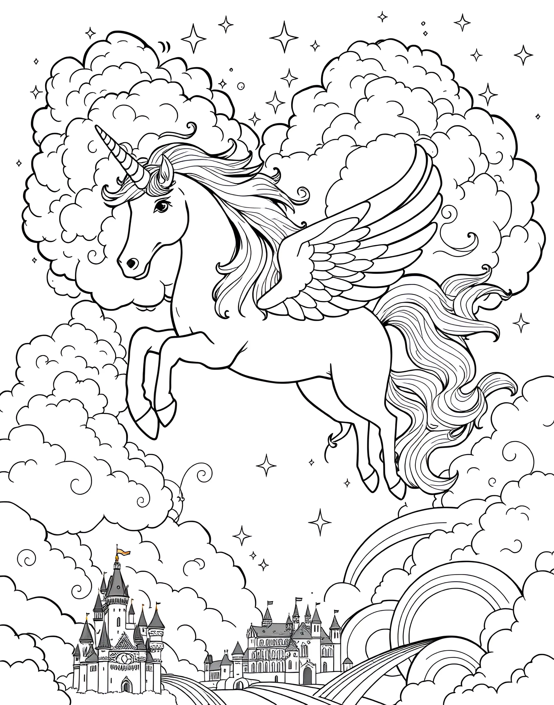 Unicorn and Pegasus Friends Coloring Page -- prompt: "A unicorn and a pegasus flying together through clouds in the sky." -- Bring together two legendary equines with this unicorn and pegasus coloring sheet. The unicorn and pegasus are shown flying together through the clouds, their magical natures complementing each other. This page offers a beautiful opportunity to color flowing manes and feathered wings.