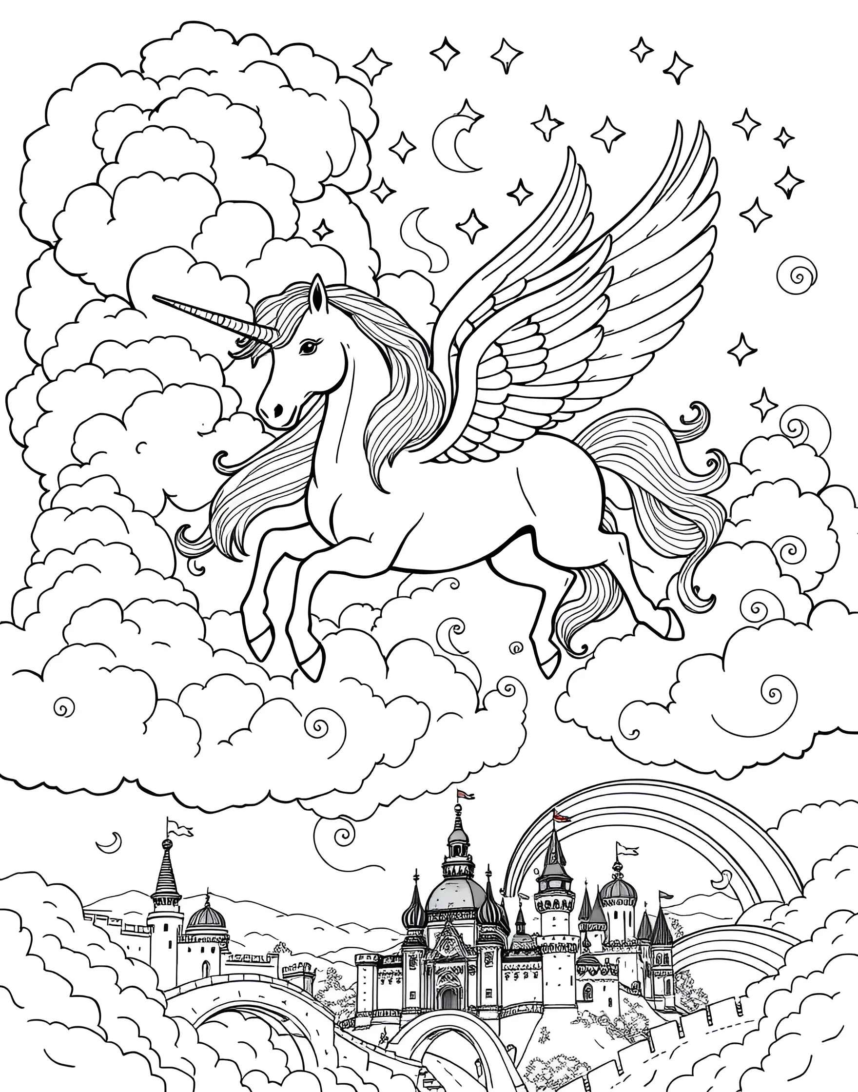 Unicorn and Pegasus Friends Coloring Page -- prompt: "A unicorn and a pegasus flying together through clouds in the sky." -- Bring together two legendary equines with this unicorn and pegasus coloring sheet. The unicorn and pegasus are shown flying together through the clouds, their magical natures complementing each other. This page offers a beautiful opportunity to color flowing manes and feathered wings.