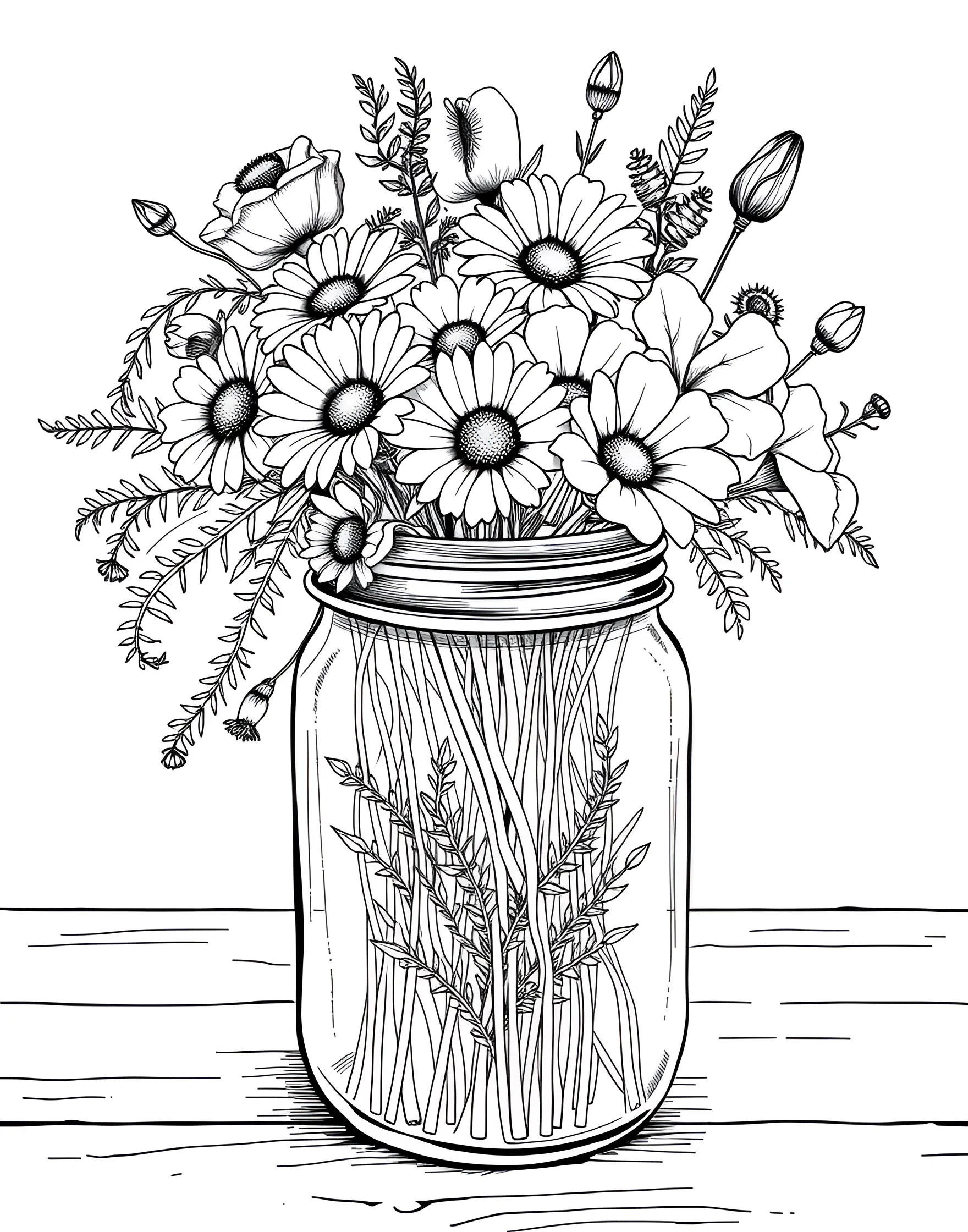 Rustic Wildflower Bouquet Coloring Page -- prompt: "A bouquet of assorted wildflowers in a rustic mason jar." -- Bring the charm of the countryside indoors with this rustic wildflower bouquet coloring page. A variety of simple, beautiful wildflowers are gathered in a mason jar, offering a homey and inviting scene. This page is great for those who appreciate a more casual, natural floral arrangement.