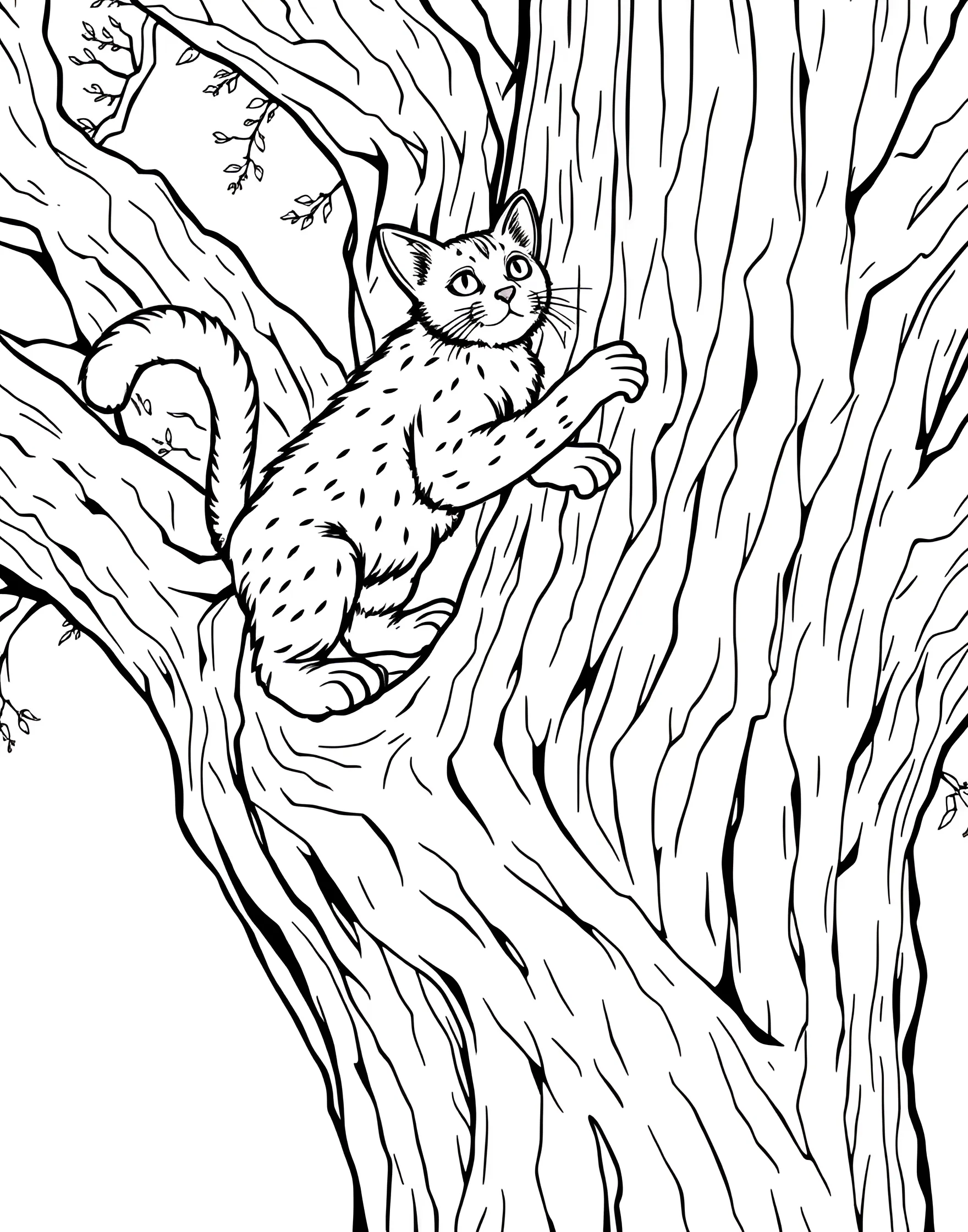 Adventurous Cat Climbing a Tree Coloring Page -- prompt: "A cat climbing up the trunk of a large tree, with its claws out and tail balancing." -- This dynamic coloring page features a cat mid-climb on a tree trunk. The cat's determined expression and extended claws show its natural climbing instincts at work. It's an exciting scene that allows colorists to explore textures of fur and bark.