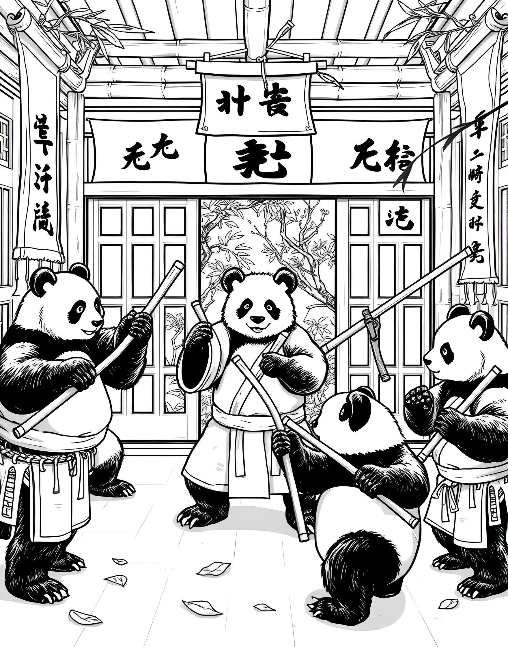 Panda's Bamboo Martial Arts Dojo Coloring Page -- prompt: "Pandas practicing martial arts with bamboo equipment in a bamboo dojo with scroll decorations." -- Hi-ya! Join pandas in mastering martial arts in this action-packed coloring page. Pandas practice various martial arts moves, using bamboo stalks as training equipment. The dojo is constructed of bamboo, with inspirational sayings written on hanging bamboo scrolls.