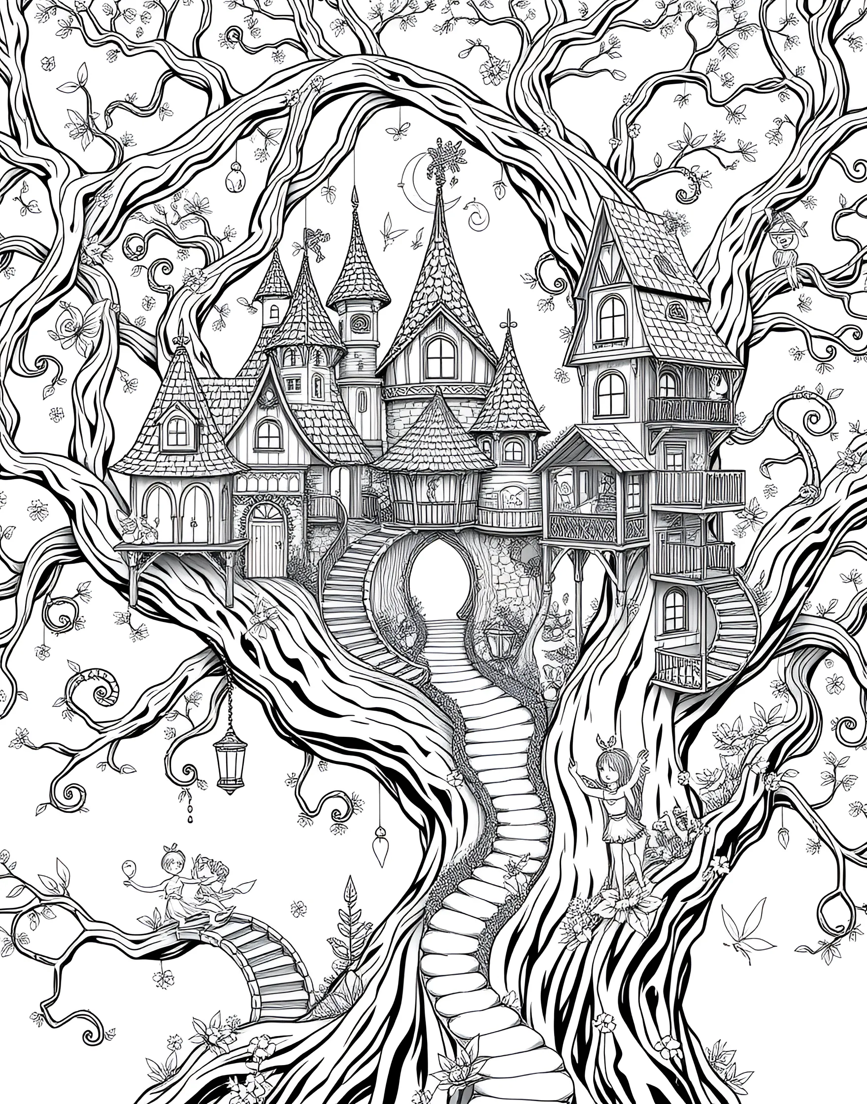 Fairy Treehouse Village Coloring Page -- prompt: "A fairy village built in the branches of a large tree, with multiple houses connected by bridges and ladders." -- Explore a charming fairy village nestled in the branches of an ancient tree. This intricate coloring page showcases multiple tiny houses connected by bridges and ladders, with fairies flitting about their daily activities. The detailed architecture and bustling fairy life provide endless coloring possibilities.