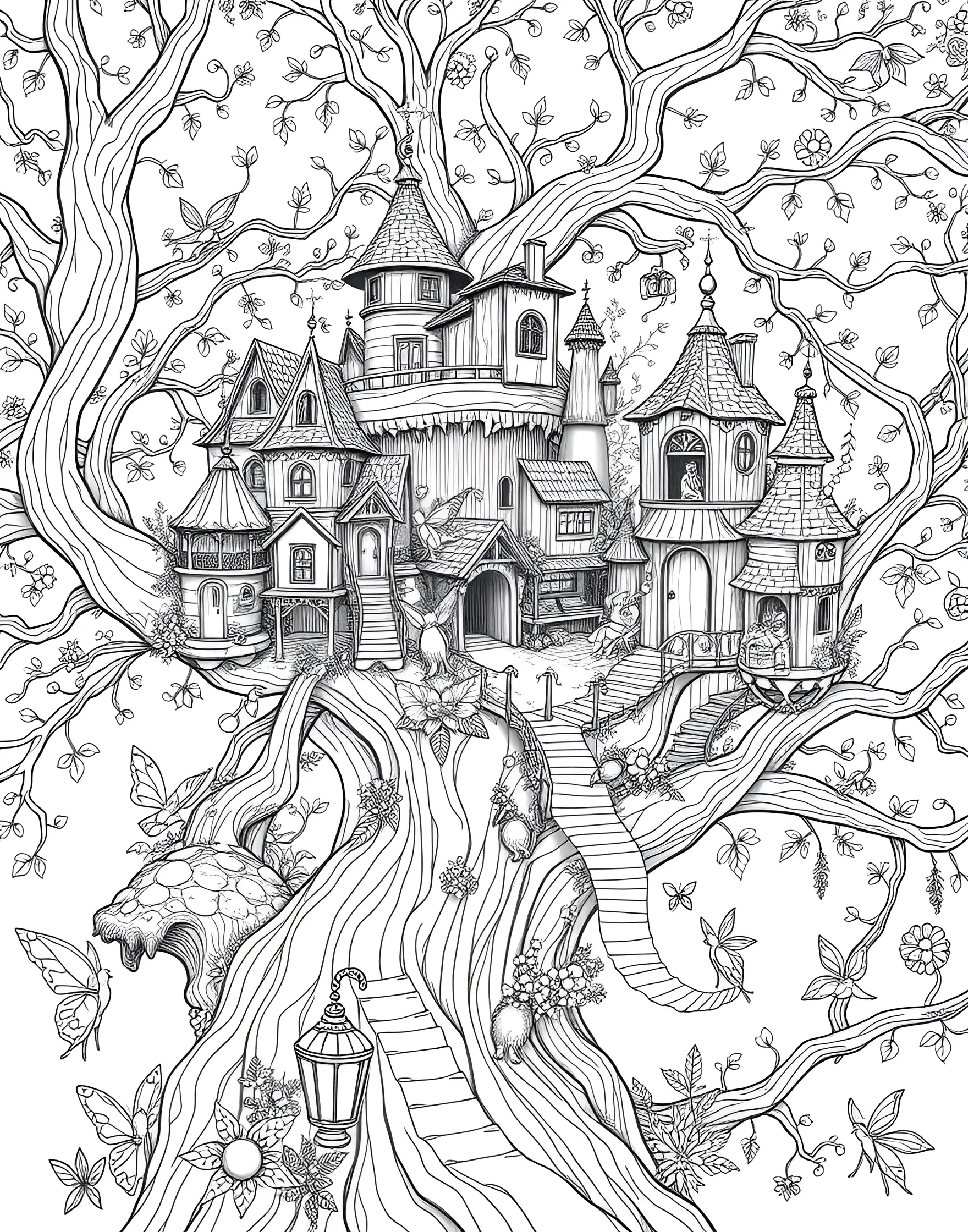 Fairy Treehouse Village Coloring Page -- prompt: "A fairy village built in the branches of a large tree, with multiple houses connected by bridges and ladders." -- Explore a charming fairy village nestled in the branches of an ancient tree. This intricate coloring page showcases multiple tiny houses connected by bridges and ladders, with fairies flitting about their daily activities. The detailed architecture and bustling fairy life provide endless coloring possibilities.