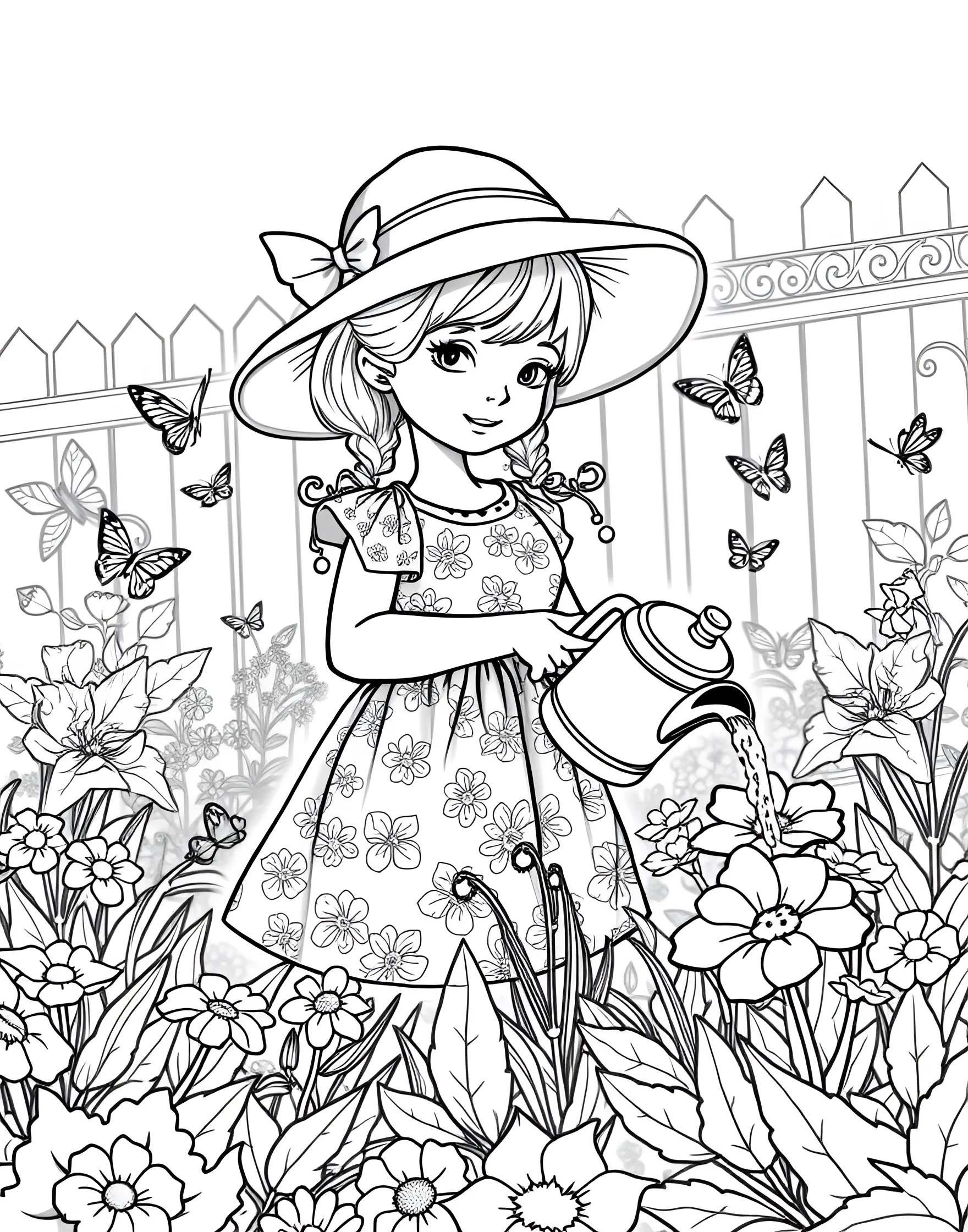 Girl Gardener Tending to Her Flower Patch Coloring Page -- prompt: "A girl watering flowers in a colorful garden, wearing a sun hat and holding a watering can." -- This charming coloring page depicts a girl happily gardening in a vibrant flower patch. With a watering can and surrounded by blooming flowers, it's a joyful celebration of nature and growth. Perfect for those who love plants and outdoor activities.