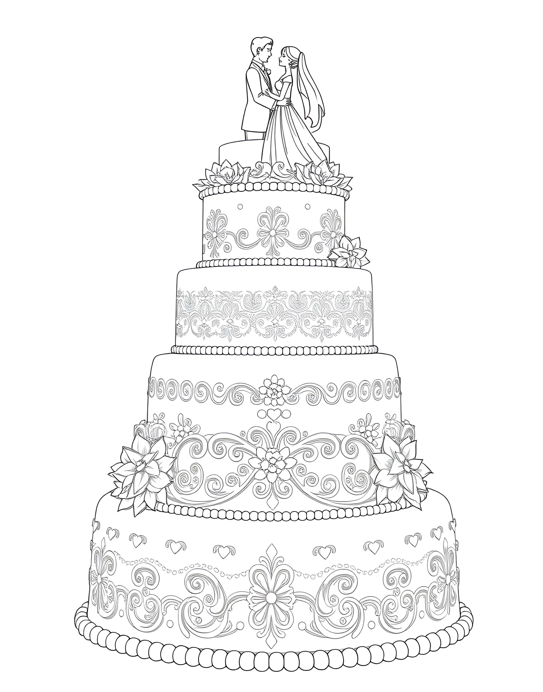 Elegant Wedding Cake Coloring Page -- prompt: "A grand, multi-tiered wedding cake with elaborate decorations and a bride and groom cake topper." -- Feast your eyes on this multi-tiered wedding cake coloring page. Each layer is adorned with intricate designs, flowers, and swirls, offering plenty of details to color. The cake topper features a miniature bride and groom, adding a sweet touch to this confectionery masterpiece.