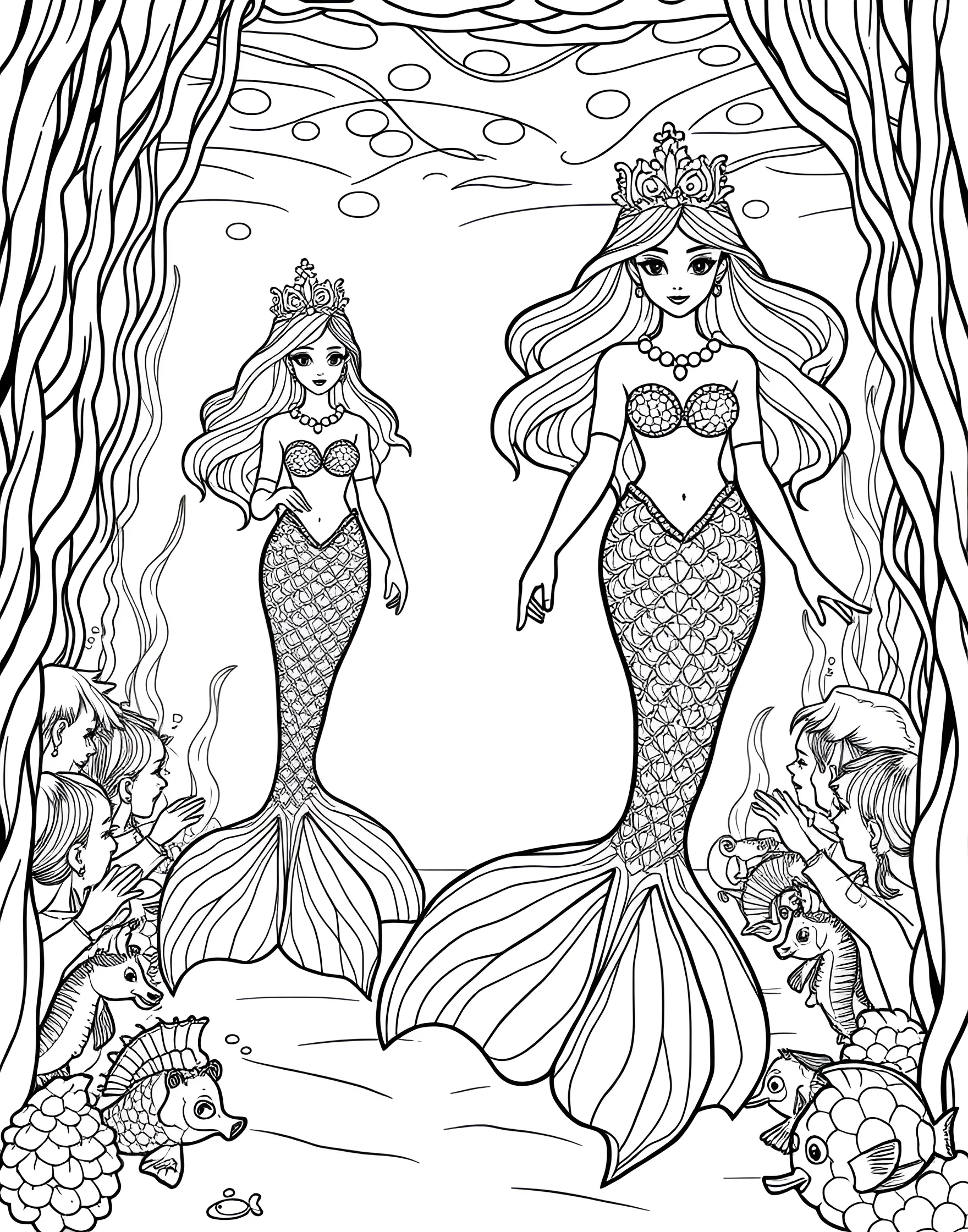 Mermaid's Underwater Fashion Show Coloring Page -- prompt: "Cute mermaids in a fashion show underwater with seashell and coral outfits." -- Dive into style with this fabulous coloring page featuring mermaids participating in an underwater fashion show. The scene depicts mermaids modeling seashell dresses, kelp accessories, and coral tiaras on a runway made of giant clam shells. It's a glamorous and cute celebration of under-the-sea couture.