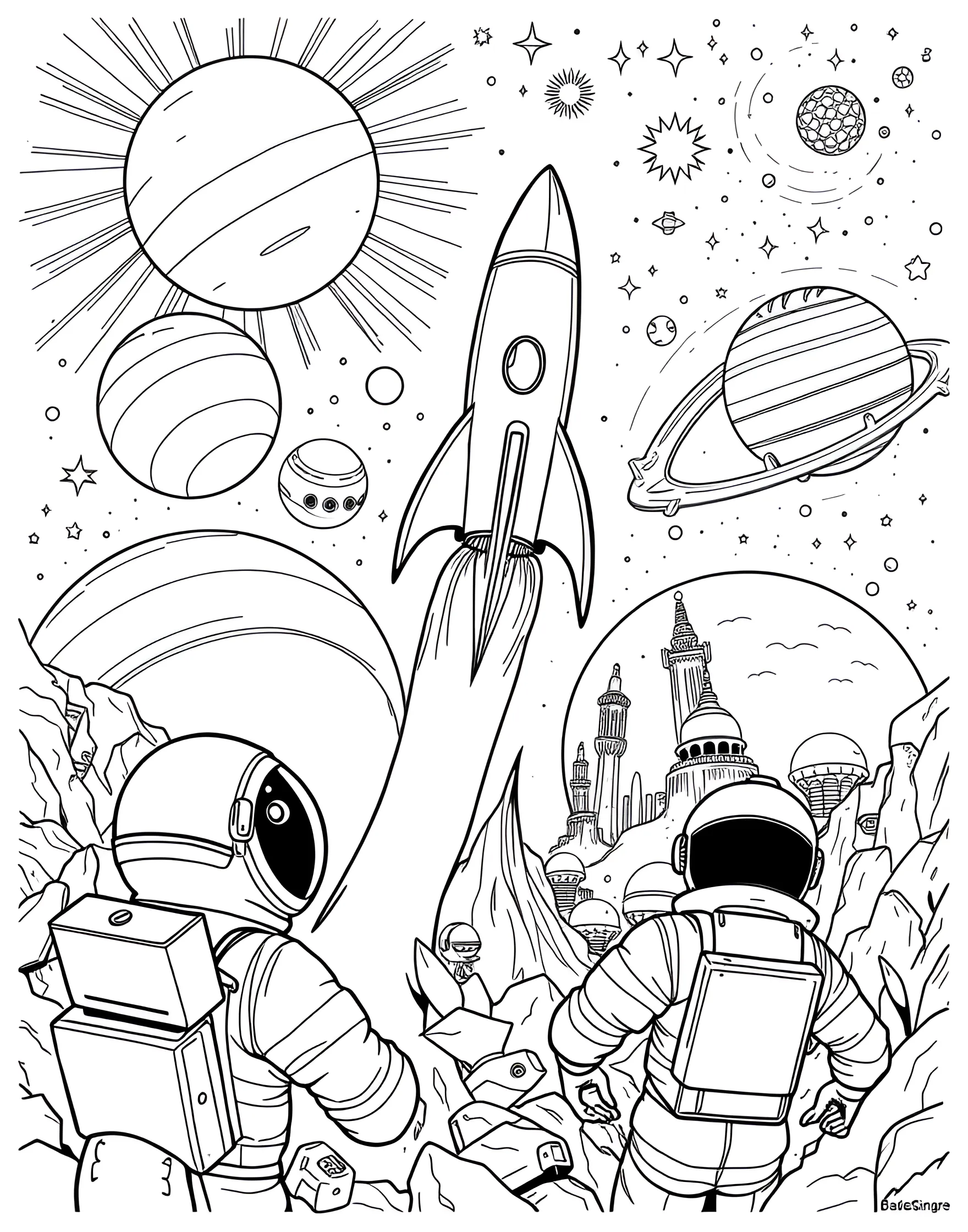 Retro Space Adventure Coloring Page -- prompt: "A retro 1950s-style space scene with a rocket ship, alien planets, and astronauts." -- Blast off into a retro-futuristic space adventure with this exciting coloring page. The design features a 1950s-style rocket ship, alien planets, and space explorers. As you color, let your imagination run wild and create your own vintage sci-fi story.