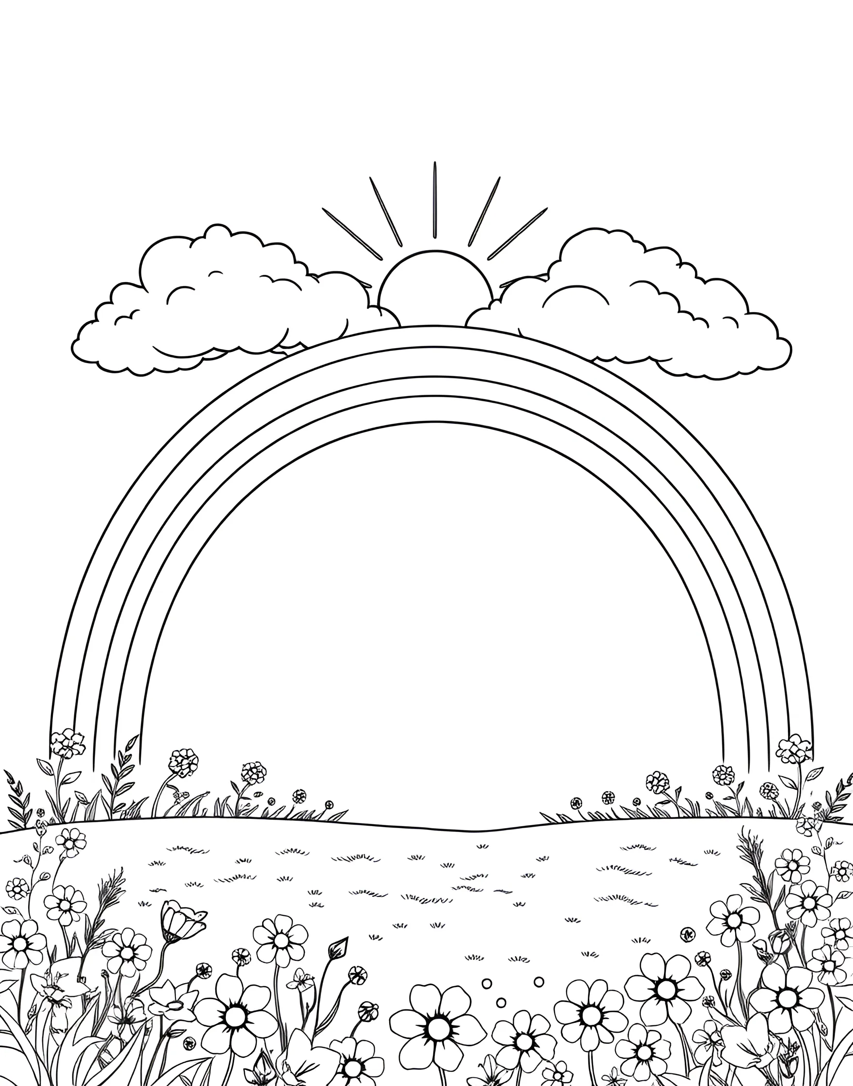 Classic Arc Rainbow Coloring Page -- prompt: "A large, simple rainbow arc stretching across a blank sky." -- This coloring page features the timeless beauty of a classic rainbow arc. The simple yet elegant design allows for creative color exploration. It's perfect for teaching young children about the order of colors in a rainbow while providing a satisfying coloring experience for all ages.