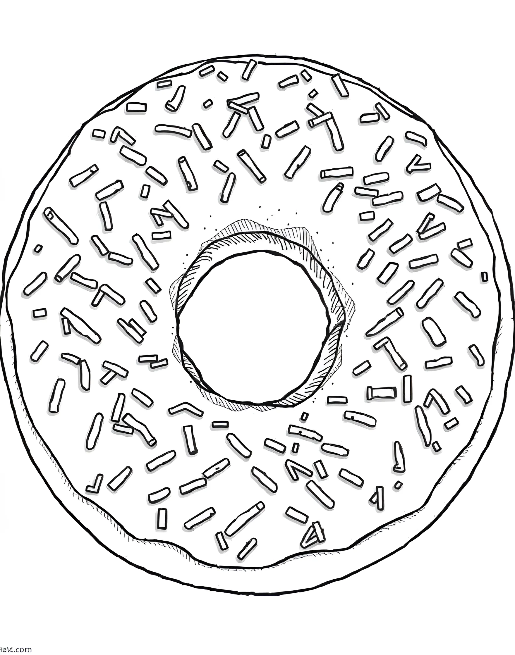 Giant Sprinkle Donut Coloring Page -- prompt: "A giant donut covered in colorful sprinkles, filling the entire page." -- Indulge your imagination with this larger-than-life sprinkle donut coloring page. The oversized donut takes center stage, its surface covered in a sea of tiny, colorful sprinkles just waiting to be brought to life. This page is perfect for those who love intricate details and want to experiment with a vibrant color palette.