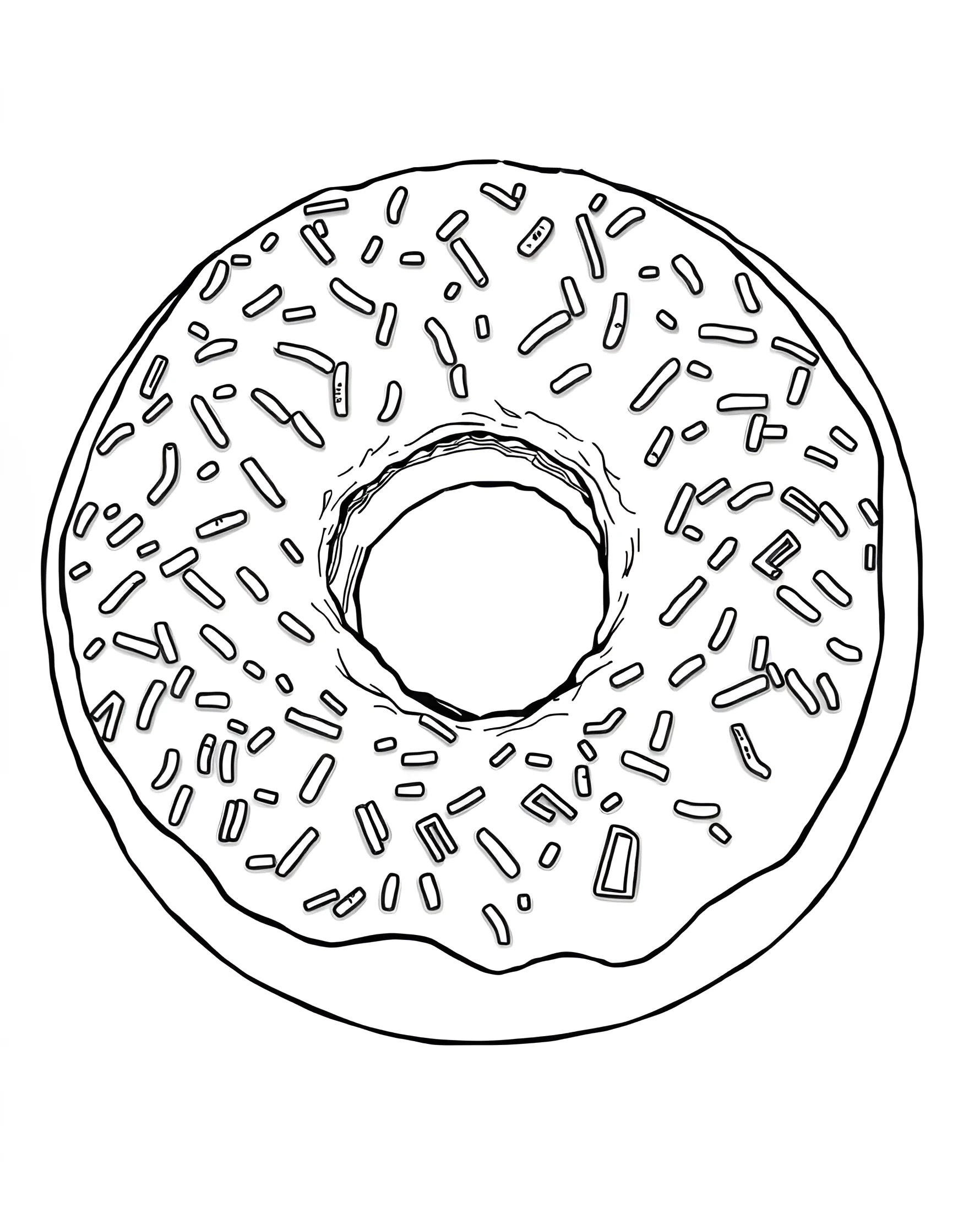 Giant Sprinkle Donut Coloring Page -- prompt: "A giant donut covered in colorful sprinkles, filling the entire page." -- Indulge your imagination with this larger-than-life sprinkle donut coloring page. The oversized donut takes center stage, its surface covered in a sea of tiny, colorful sprinkles just waiting to be brought to life. This page is perfect for those who love intricate details and want to experiment with a vibrant color palette.