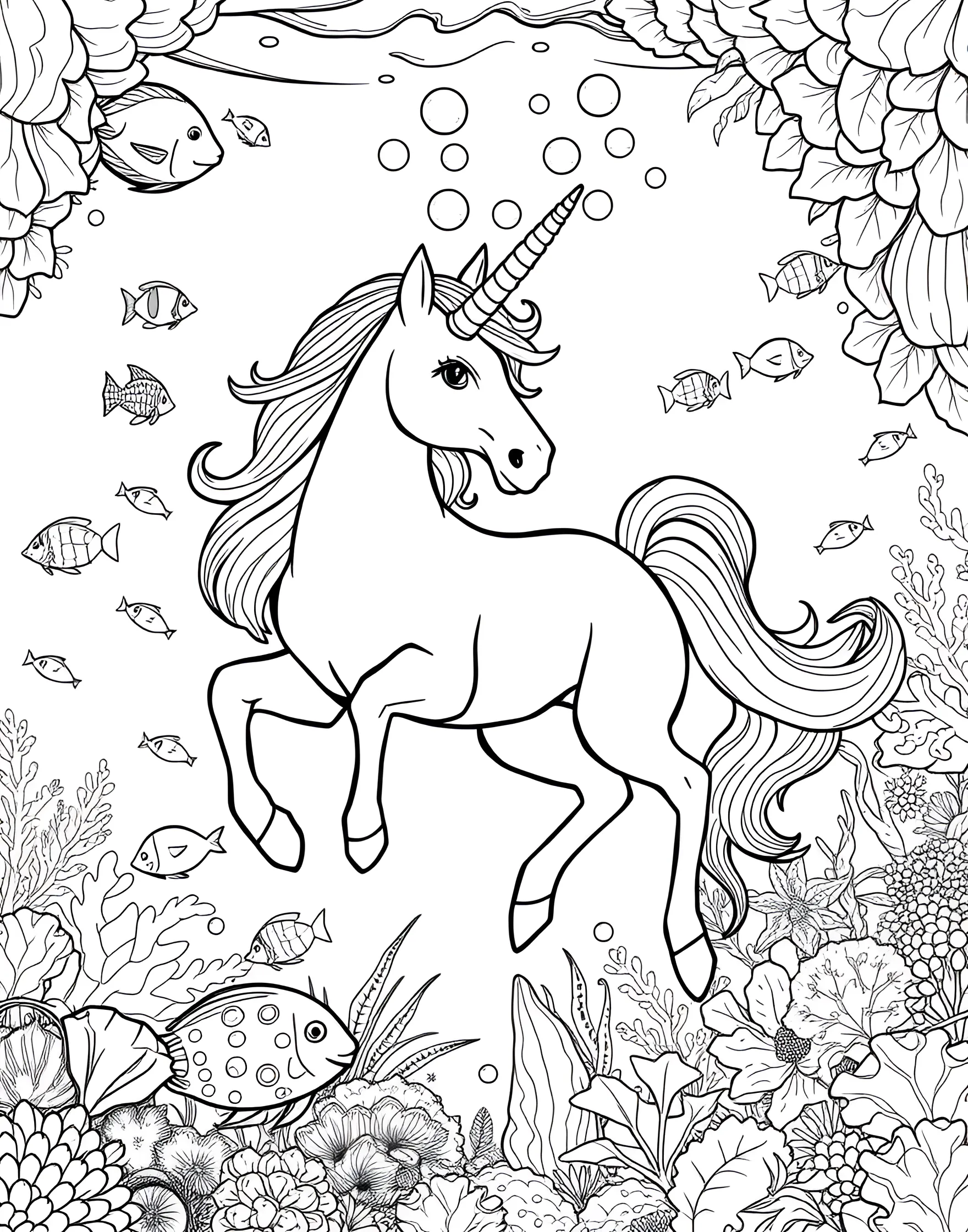 Unicorn Under the Sea Adventure Coloring Page -- prompt: "A unicorn swimming underwater, surrounded by various fish, coral, and sea plants." -- Dive into an underwater fantasy with this magical coloring page of a unicorn exploring the ocean depths. Surrounded by fish, coral, and other sea creatures, the unicorn swims gracefully through the water. This page is ideal for those who love marine themes combined with mythical elements.