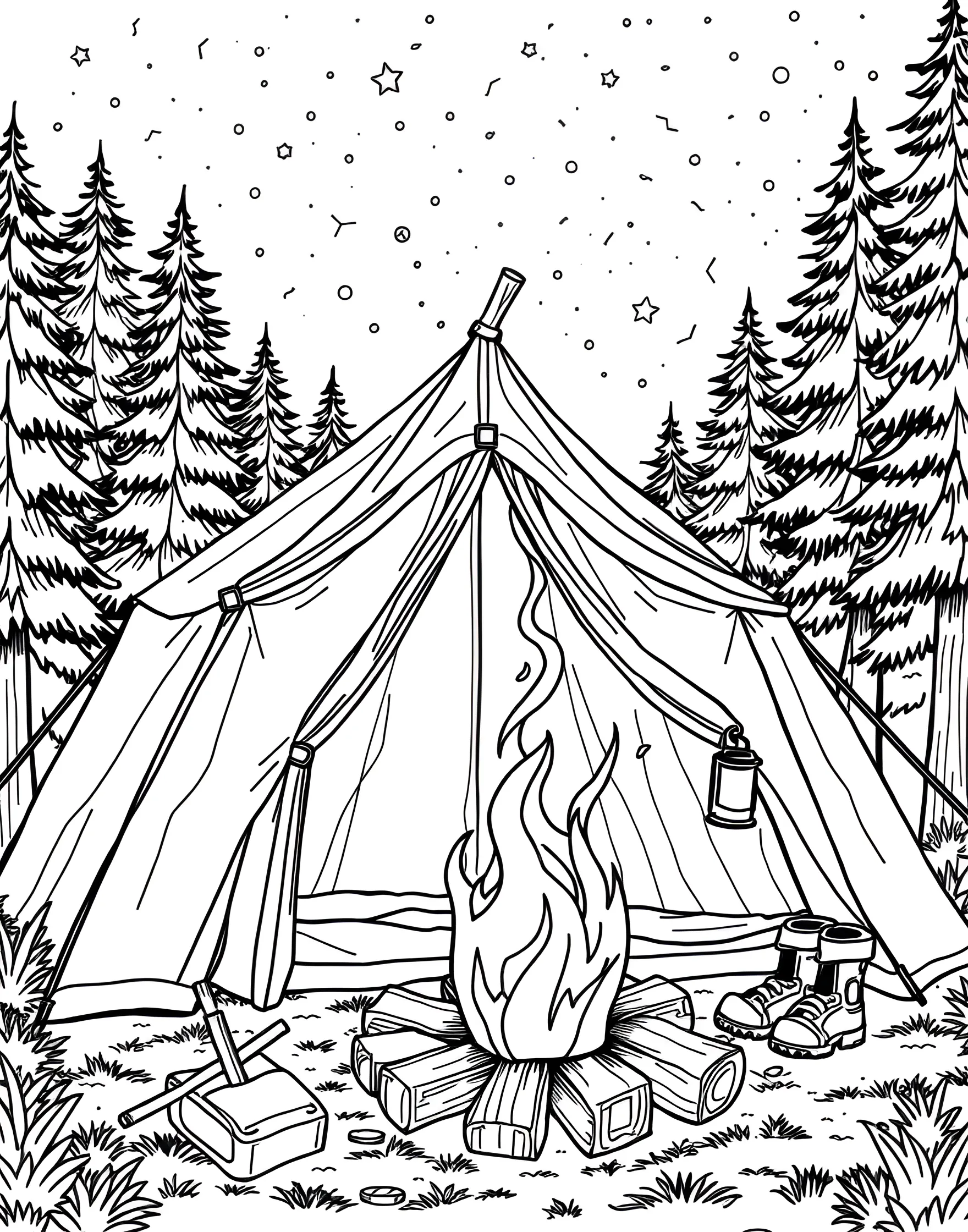 Camping Under the Stars Coloring Page -- prompt: "A nighttime camping scene with a tent, campfire, and starry sky in a forest clearing." -- Experience the magic of a summer night in the great outdoors with this camping scene. A cozy tent is set up near a crackling campfire, with marshmallows ready for roasting. The starry sky above and surrounding forest create a serene wilderness setting.