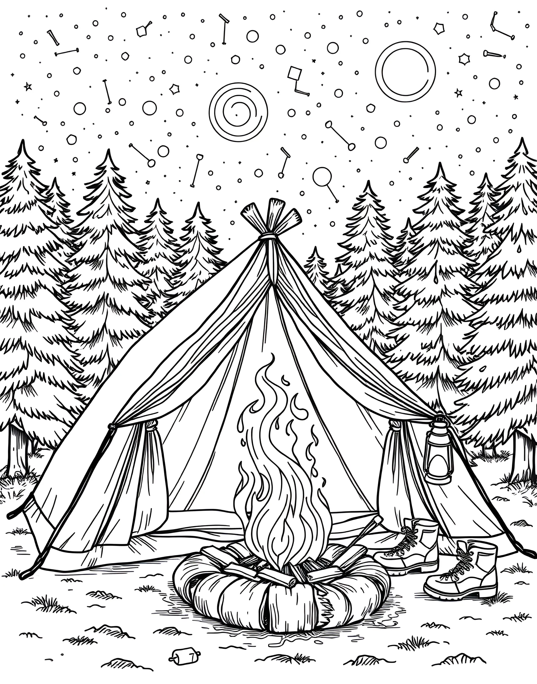 Camping Under the Stars Coloring Page -- prompt: "A nighttime camping scene with a tent, campfire, and starry sky in a forest clearing." -- Experience the magic of a summer night in the great outdoors with this camping scene. A cozy tent is set up near a crackling campfire, with marshmallows ready for roasting. The starry sky above and surrounding forest create a serene wilderness setting.