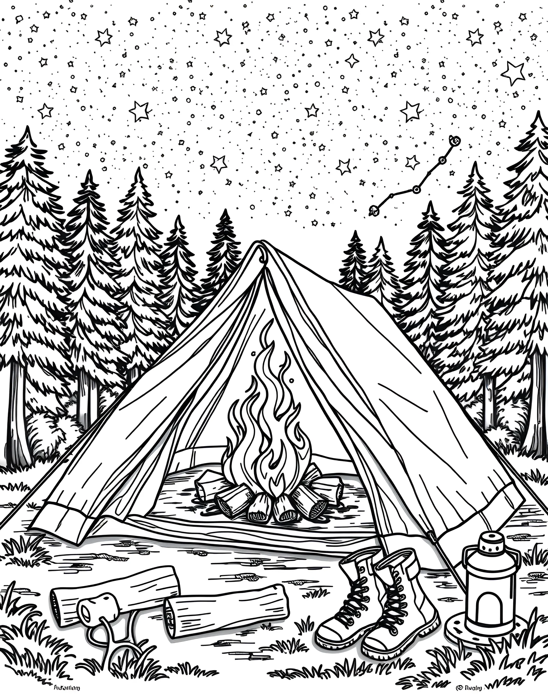 Camping Under the Stars Coloring Page -- prompt: "A nighttime camping scene with a tent, campfire, and starry sky in a forest clearing." -- Experience the magic of a summer night in the great outdoors with this camping scene. A cozy tent is set up near a crackling campfire, with marshmallows ready for roasting. The starry sky above and surrounding forest create a serene wilderness setting.