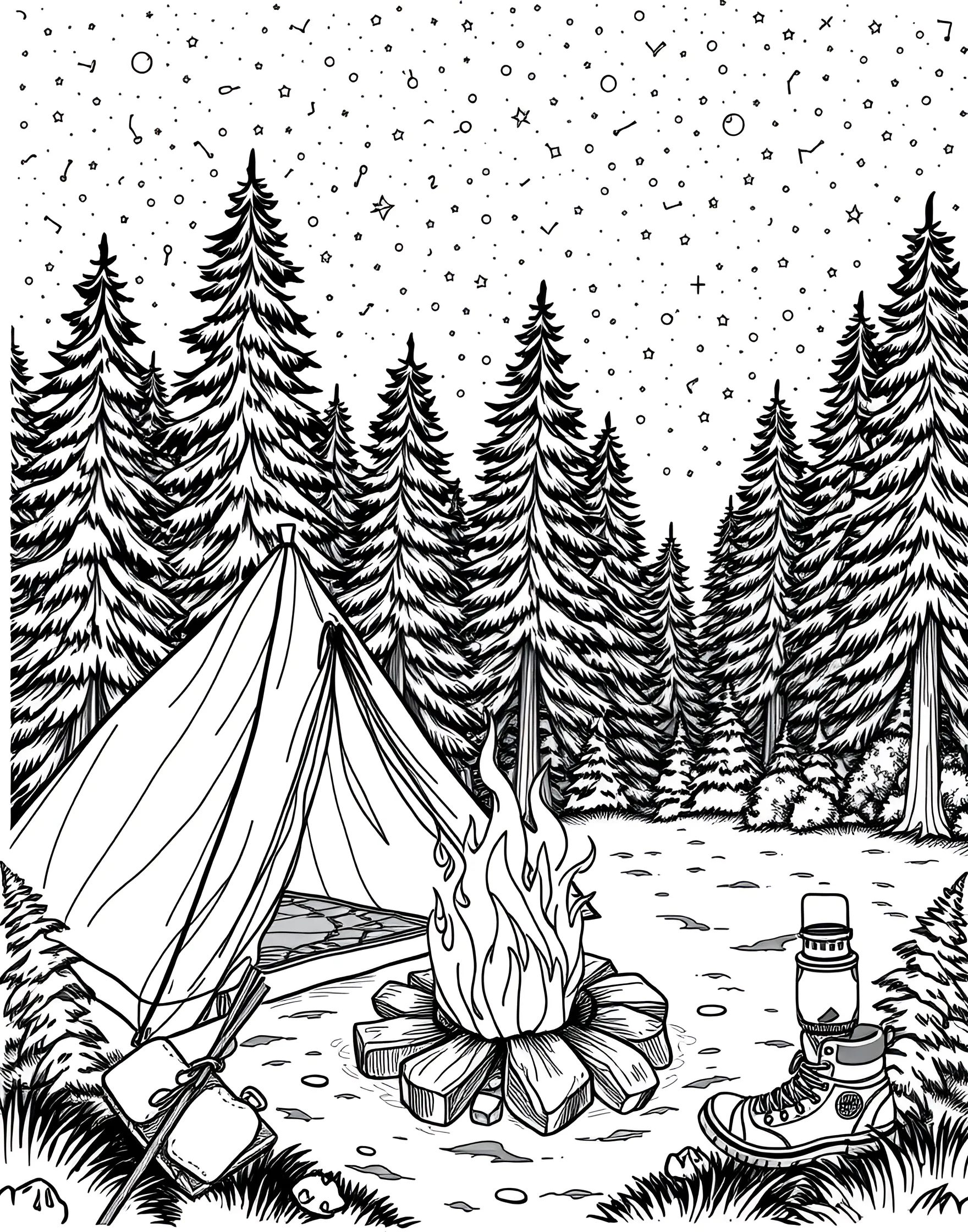 Camping Under the Stars Coloring Page -- prompt: "A nighttime camping scene with a tent, campfire, and starry sky in a forest clearing." -- Experience the magic of a summer night in the great outdoors with this camping scene. A cozy tent is set up near a crackling campfire, with marshmallows ready for roasting. The starry sky above and surrounding forest create a serene wilderness setting.