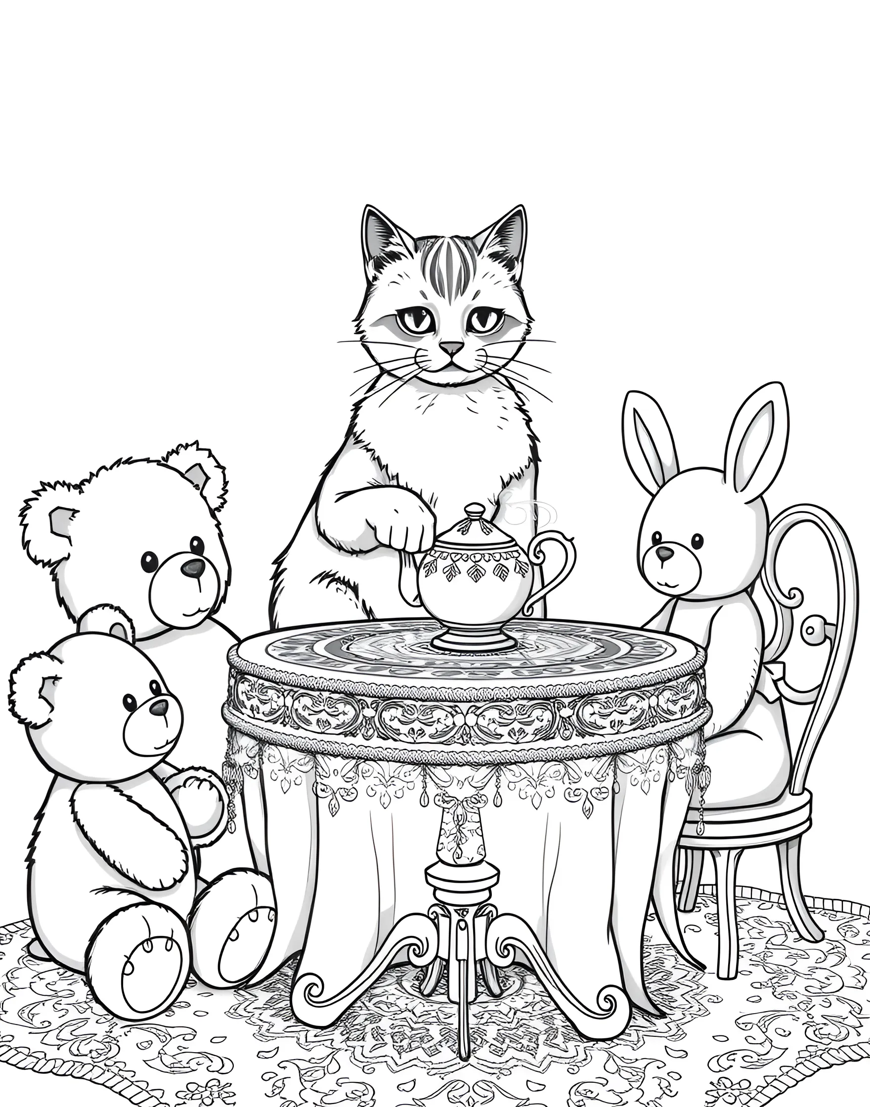 Cat Having a Tea Party Coloring Page -- prompt: "A cat sitting at a small table with a tea set, surrounded by stuffed animal toys." -- This charming scene depicts a cat hosting a tea party with stuffed animal friends. The cat's polite posture and the tea set details create a delightful, imaginative scenario. It's perfect for those who enjoy combining cats with whimsical, playful themes.