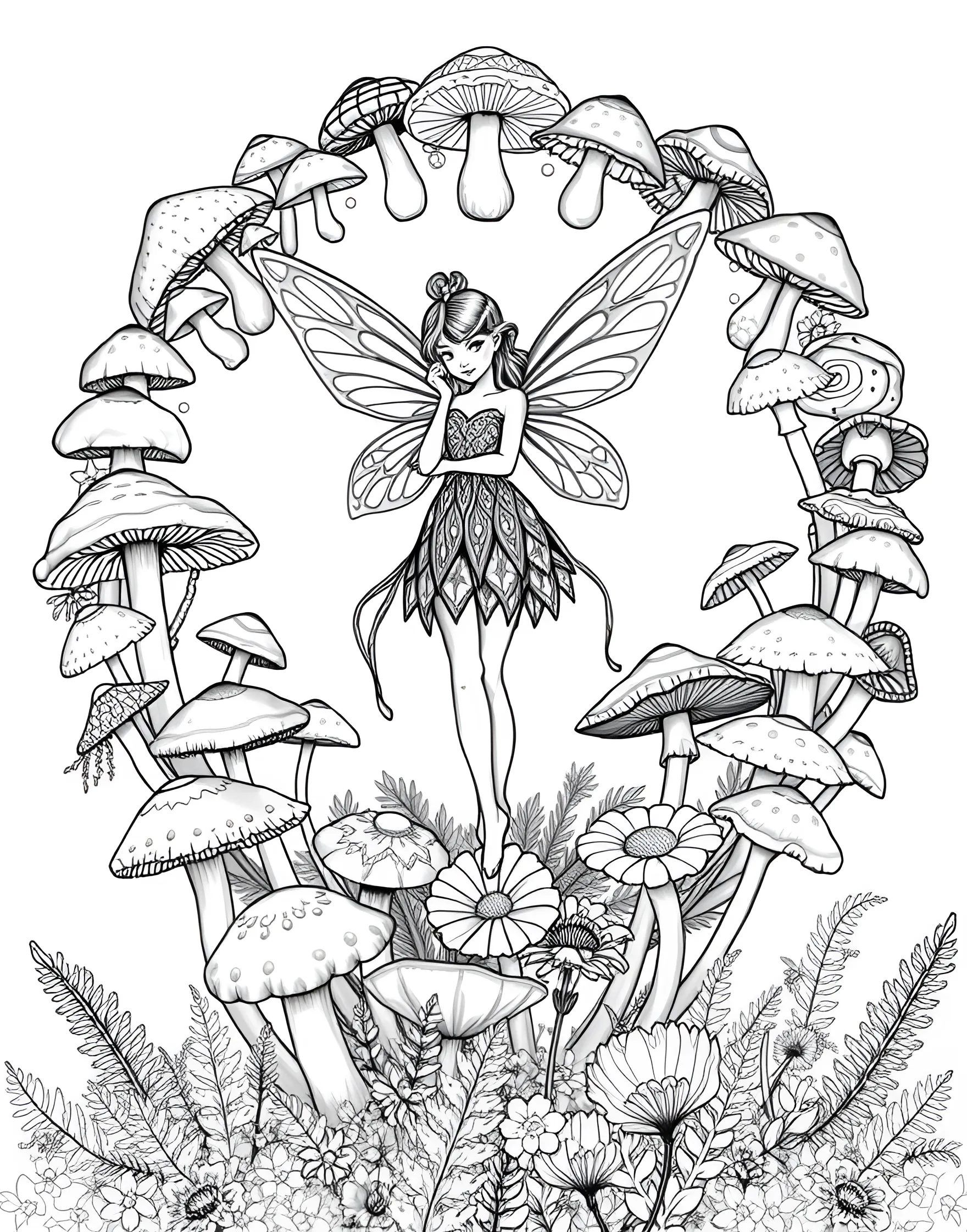 Fairy Ring Mushroom Circle Coloring Page -- prompt: "A fairy standing in the center of a circular ring of various mushrooms in a forest clearing." -- Step into a magical world with this enchanting fairy ring mushroom coloring page. A perfect circle of diverse mushrooms surrounds a central fairy, inviting you to bring this mystical scene to life with your colors. This page is ideal for those who love fantasy and nature, offering a delightful blend of whimsy and botanical detail.