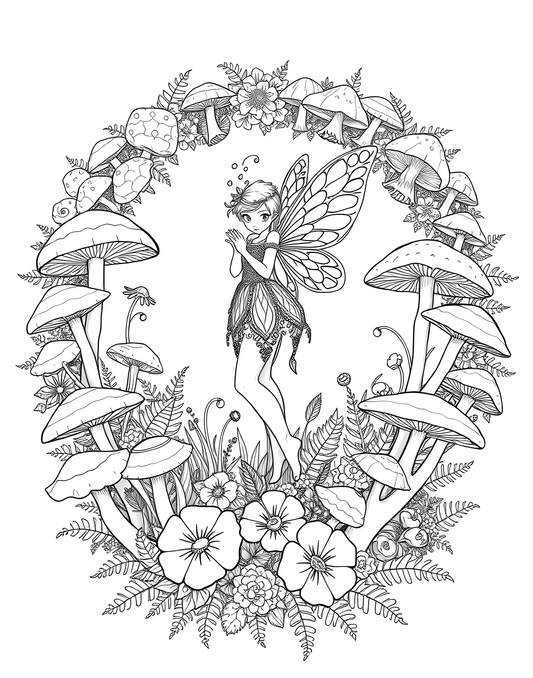 Fairy Ring Mushroom Circle Coloring Page -- prompt: "A fairy standing in the center of a circular ring of various mushrooms in a forest clearing." -- Step into a magical world with this enchanting fairy ring mushroom coloring page. A perfect circle of diverse mushrooms surrounds a central fairy, inviting you to bring this mystical scene to life with your colors. This page is ideal for those who love fantasy and nature, offering a delightful blend of whimsy and botanical detail.