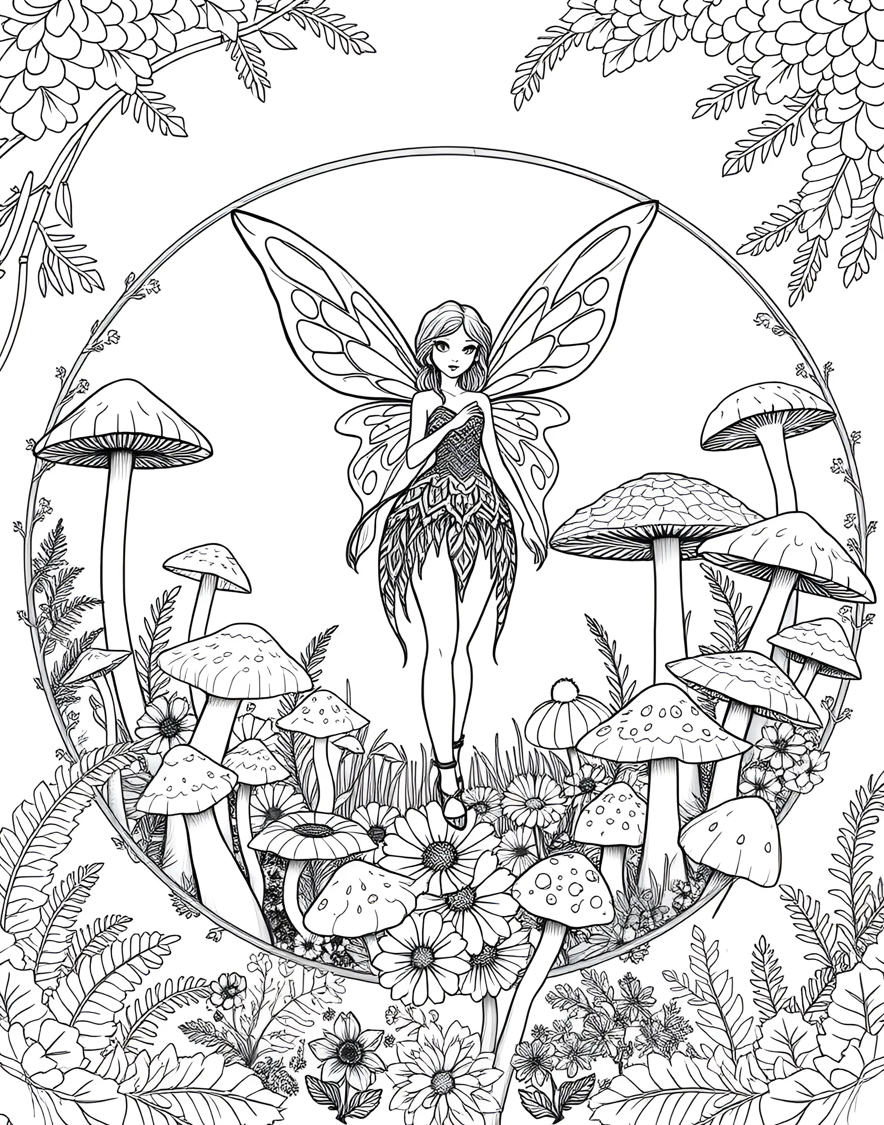 Fairy Ring Mushroom Circle Coloring Page -- prompt: "A fairy standing in the center of a circular ring of various mushrooms in a forest clearing." -- Step into a magical world with this enchanting fairy ring mushroom coloring page. A perfect circle of diverse mushrooms surrounds a central fairy, inviting you to bring this mystical scene to life with your colors. This page is ideal for those who love fantasy and nature, offering a delightful blend of whimsy and botanical detail.